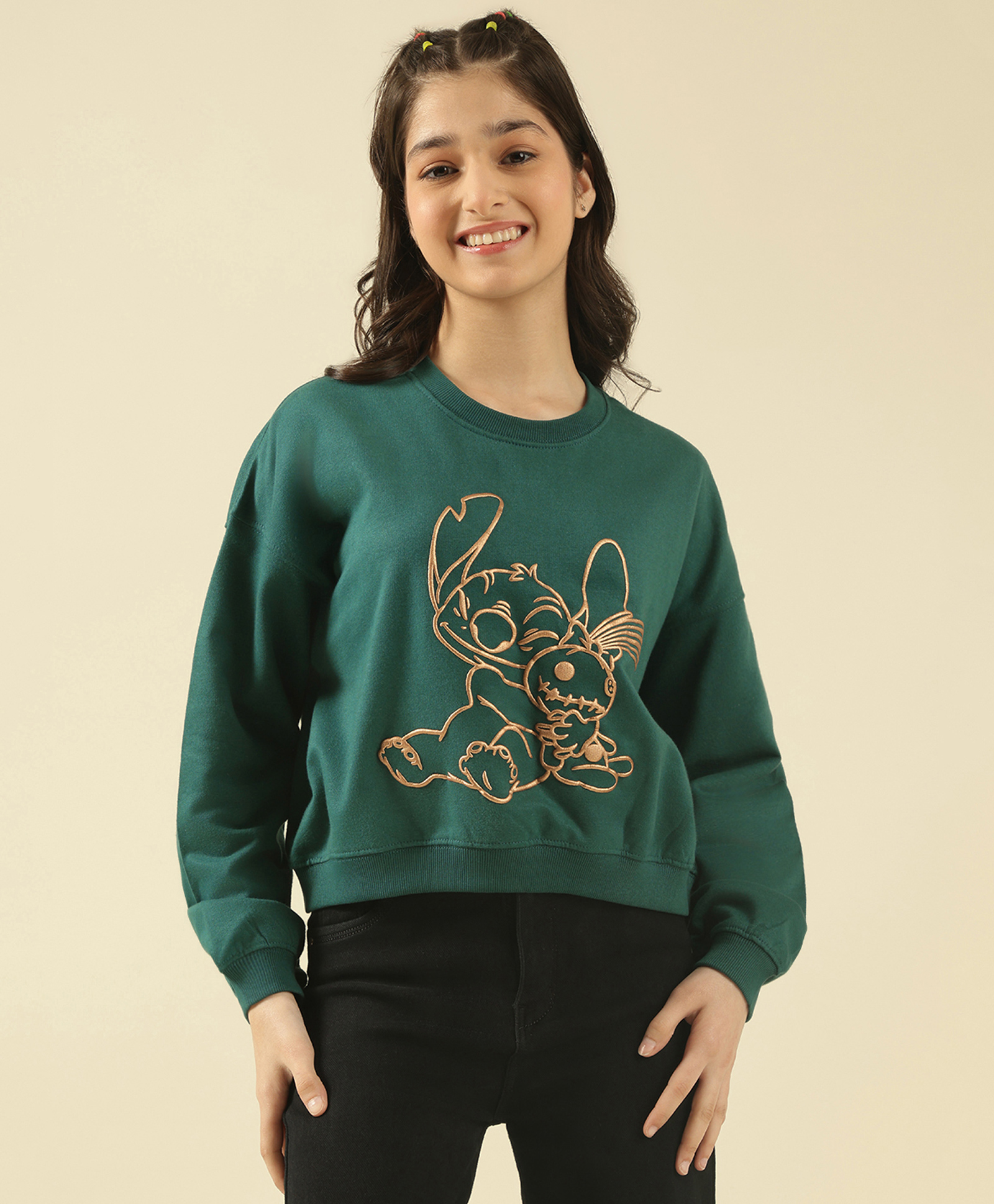 Lil Tomatoes Fleece Knit Lilo & Stitch Featuring Full Sleeves Character Printed Light Winter Sweatshirt - B Green-picture-20