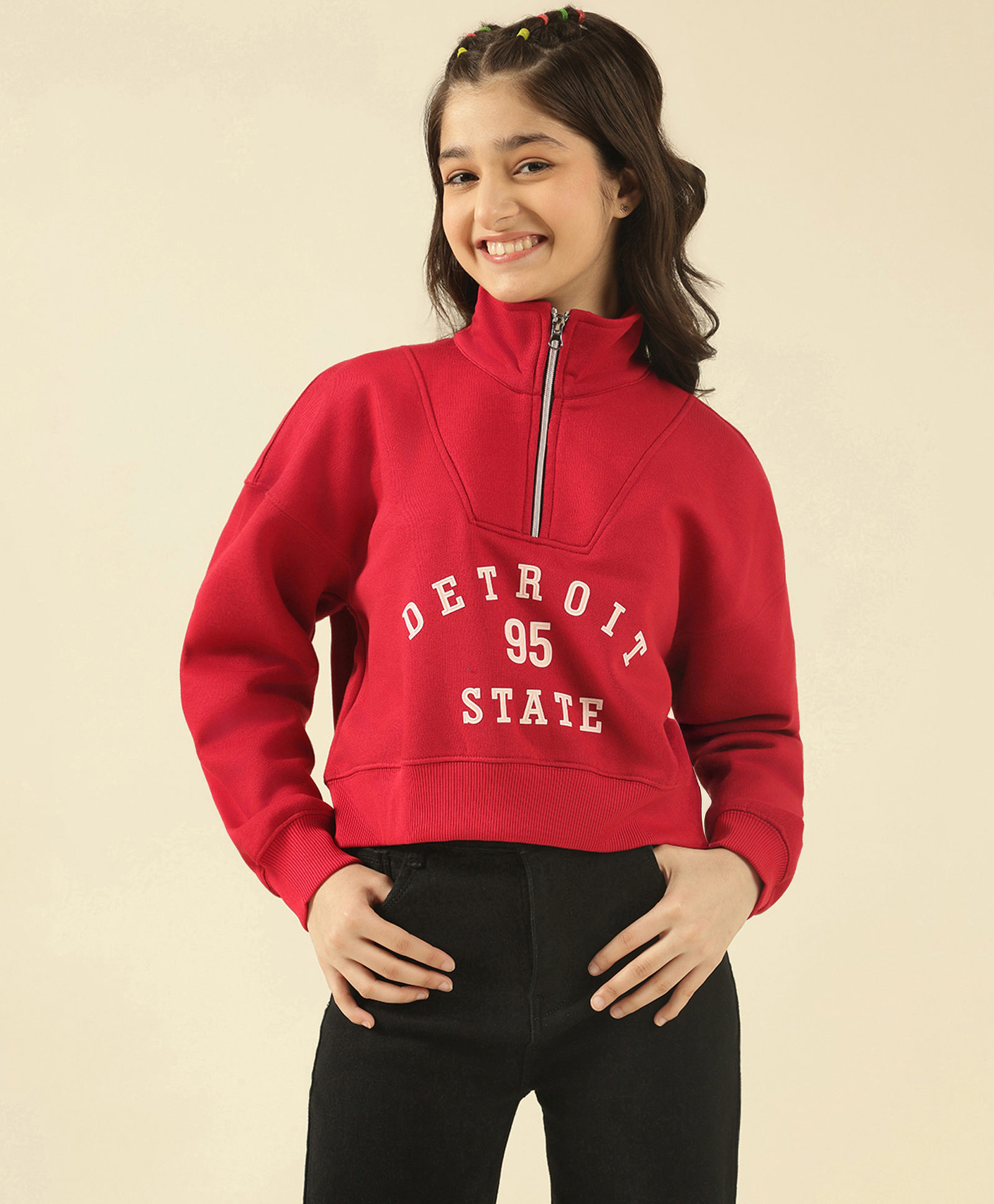 Lil Tomatoes Fleece Knit Full Sleeves Detroit 95 State Text Printed Light Winter Sweatshirt - Cranberry-image-32