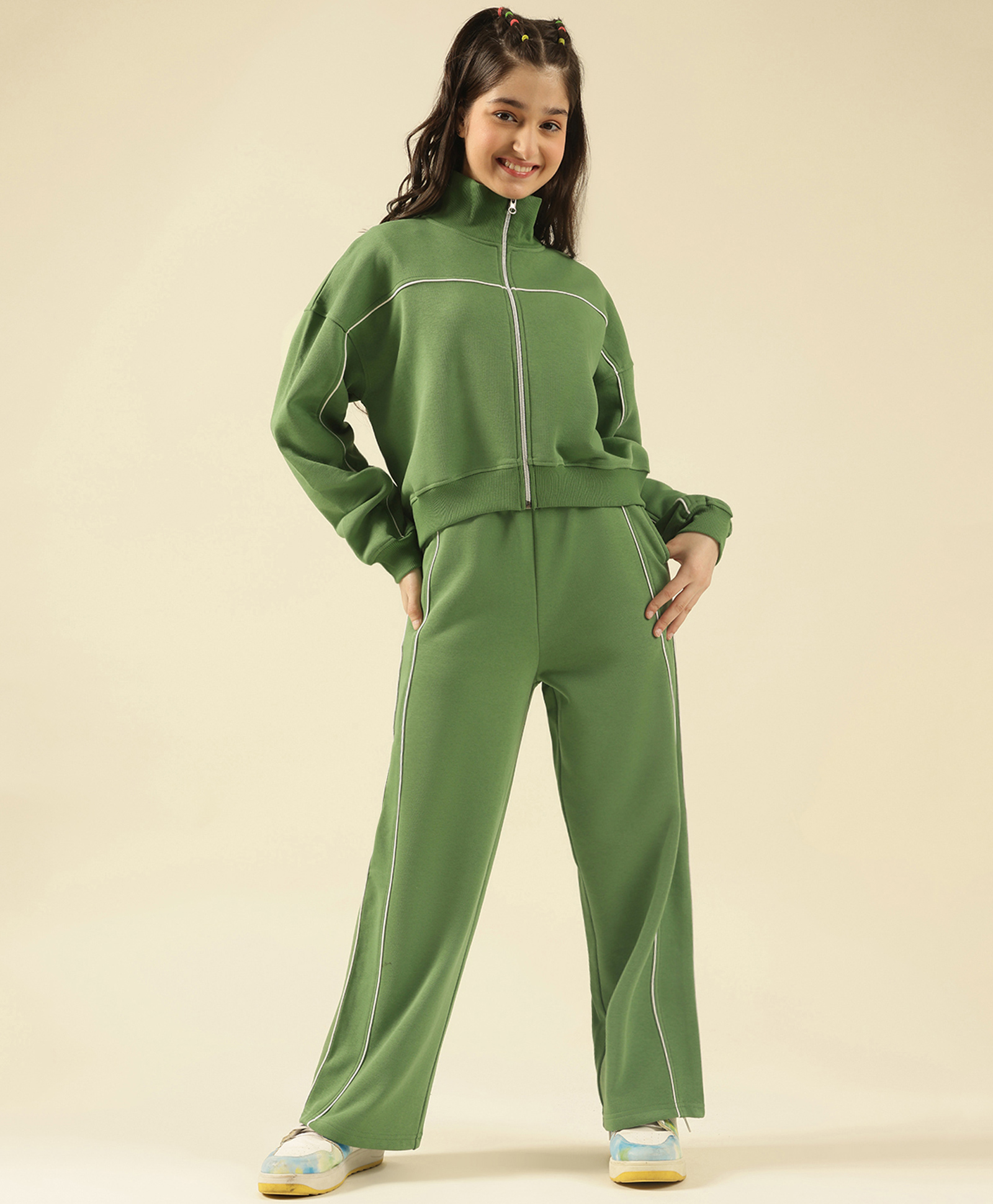 Lil Tomatoes Fleece Knit Full Sleeves Solid Winter Track Suit - Olive Green-picture-15