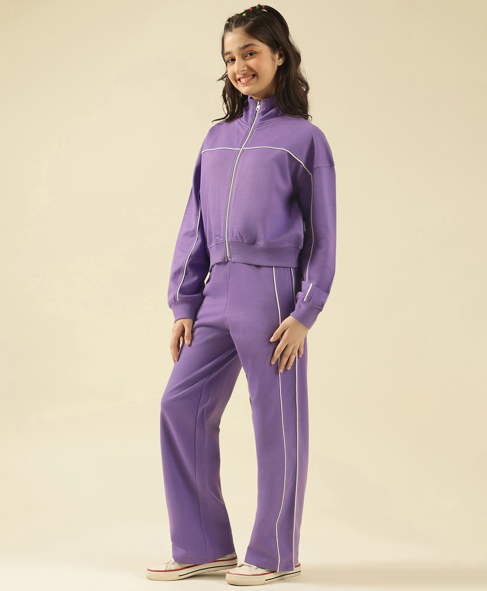 Lil Tomatoes Fleece Knit Full Sleeves Solid Winter Track Suit - Lavender-picture-18