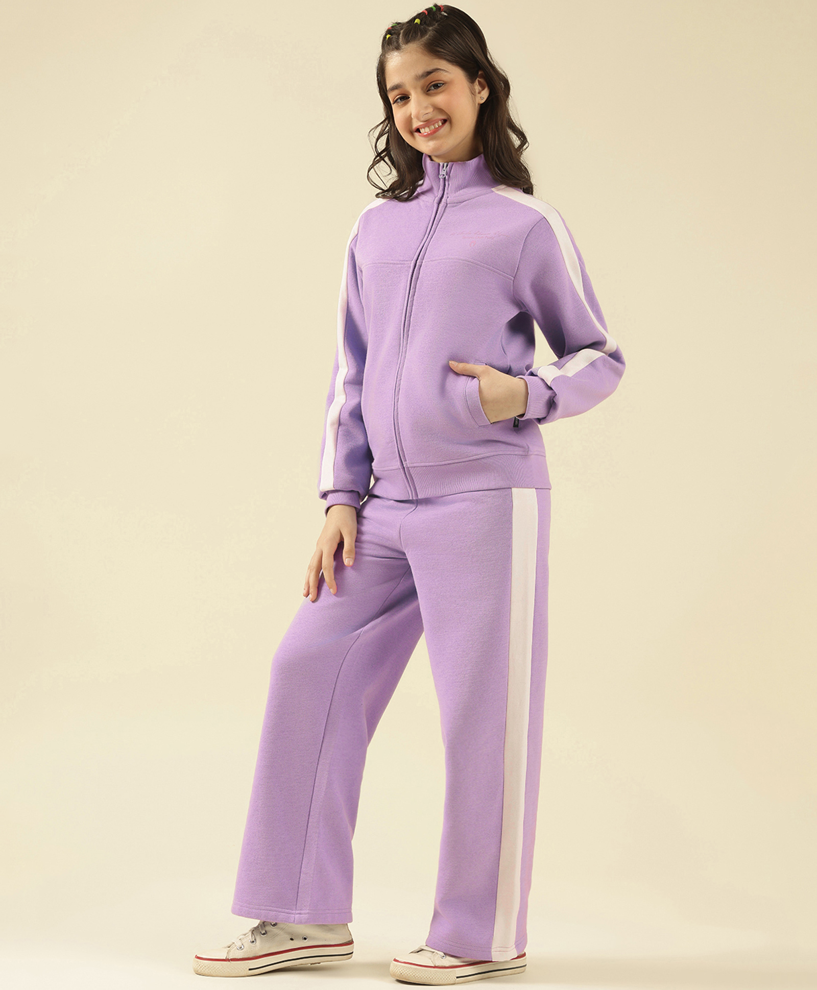 Lil Tomatoes Fleece Knit Full Sleeves Colour Blocked Winter Track Suit - Lilac-image-9