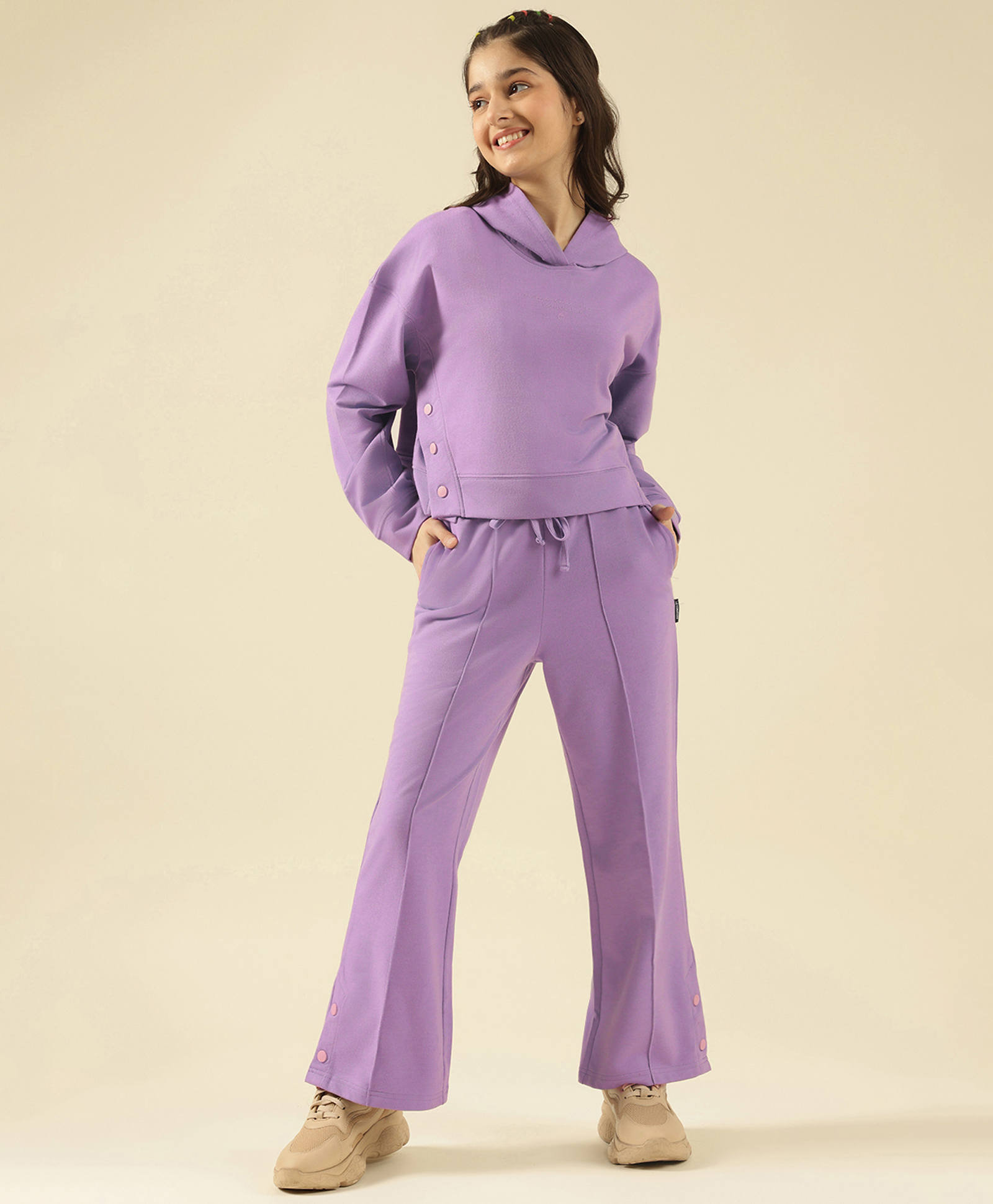 Lil Tomatoes Cotton Looper Knit Full Sleeves Solid Hooded Track Suit - Lilac-picture-32