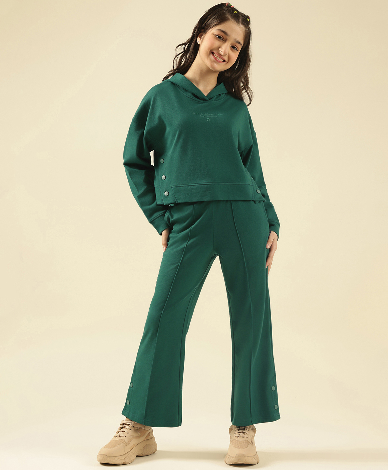 Lil Tomatoes Cotton Looper Knit Full Sleeves Solid Hooded Track Suit - B Green-picture-33
