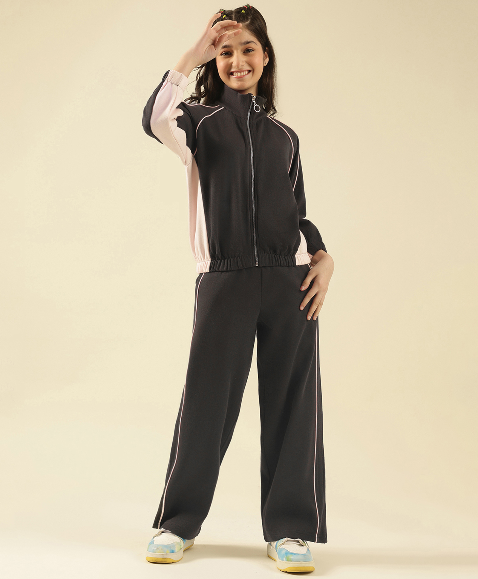 Lil Tomatoes Fleece Knit Full Sleeves Colour Blocked Solid Winter Track Suit - Pink-image-18