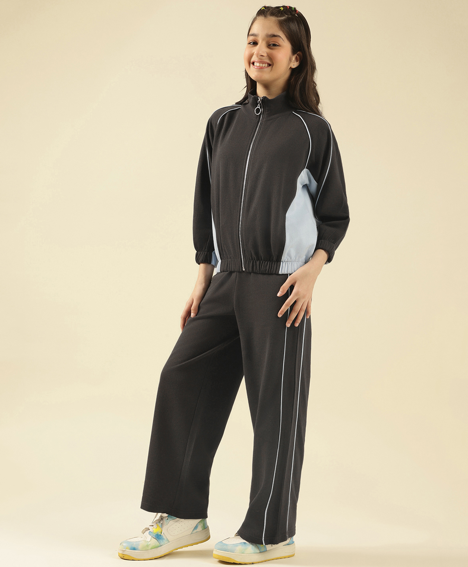 Lil Tomatoes Fleece Knit Full Sleeves Colour Blocked Solid Winter Track Suit - Blue-image-45
