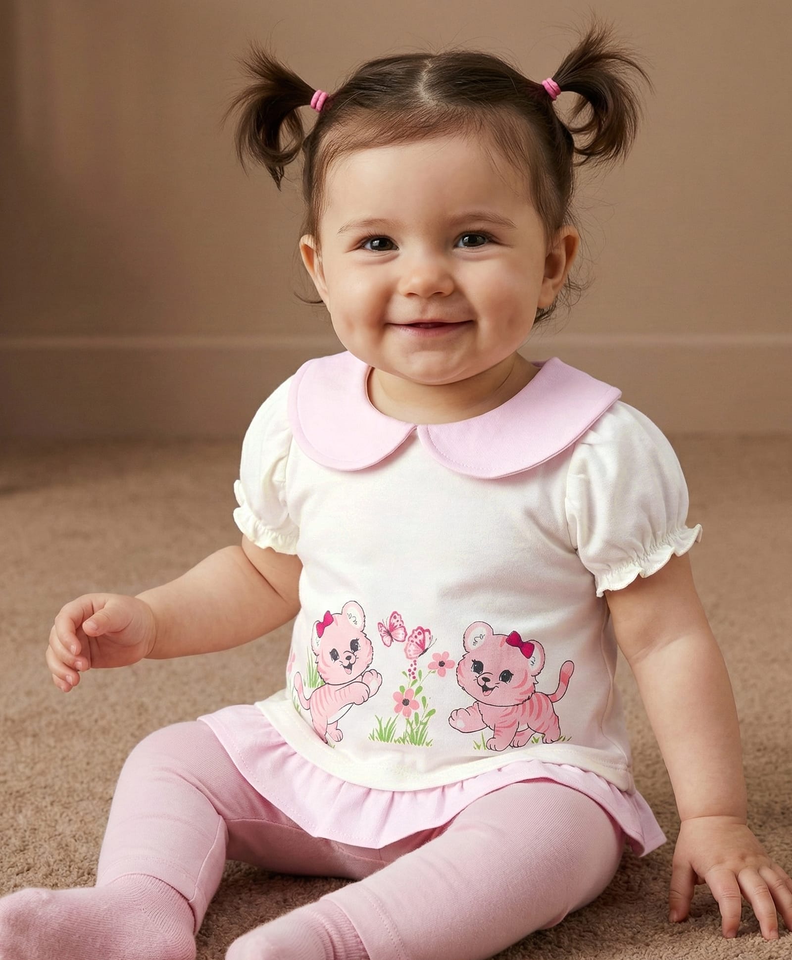 Babyoye 100% Cotton Interlock Knit Peter Pan Collar Half Sleeves T-Shirt With Eco Jiva Finish & Tiger Print - White-image-30