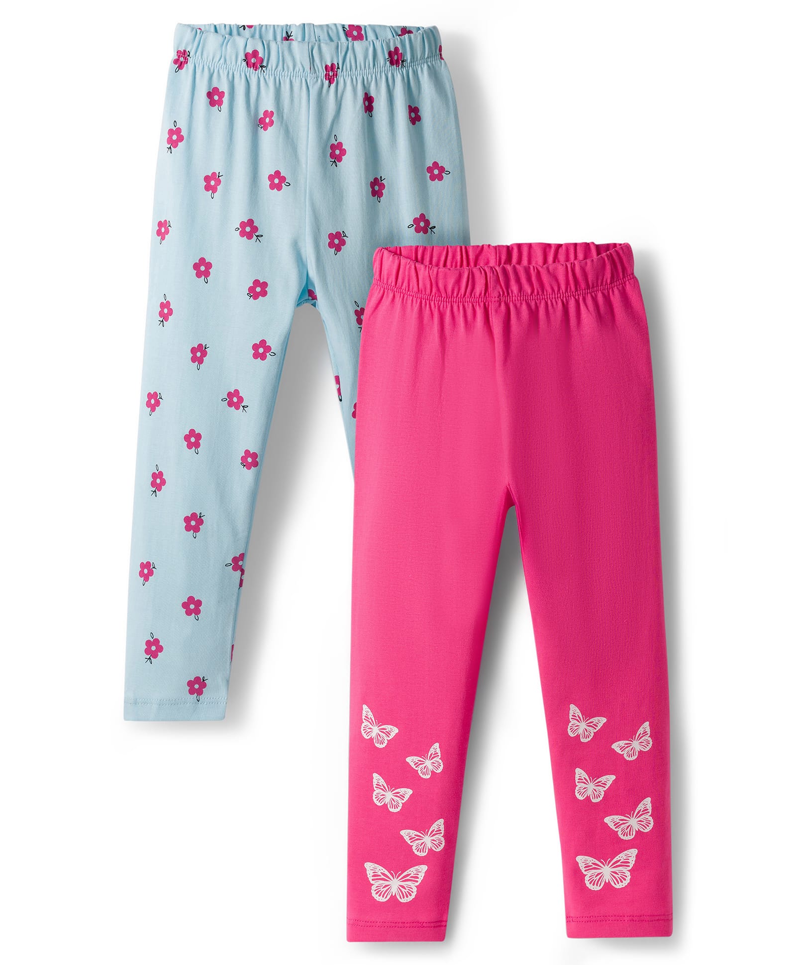Doodle Poodle Cotton Knit Full Length Floral & Butterfly Printed Leggings Pack of 2 - Light Pink & Light Blue-image-32