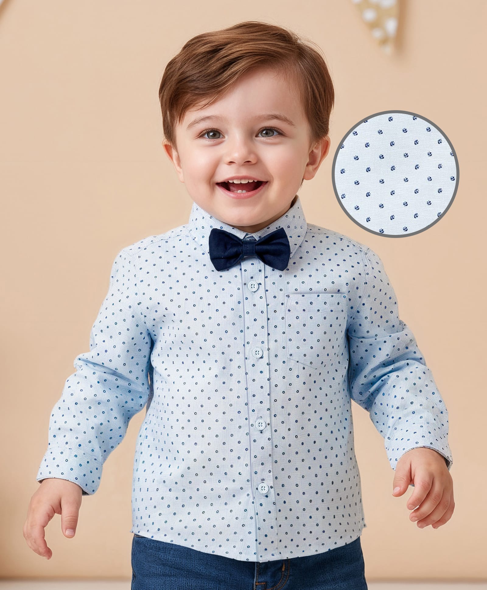 Babyoye 100% Cotton Woven Full Sleeves Printed Party Shirt With Bow - Light Blue-picture-21