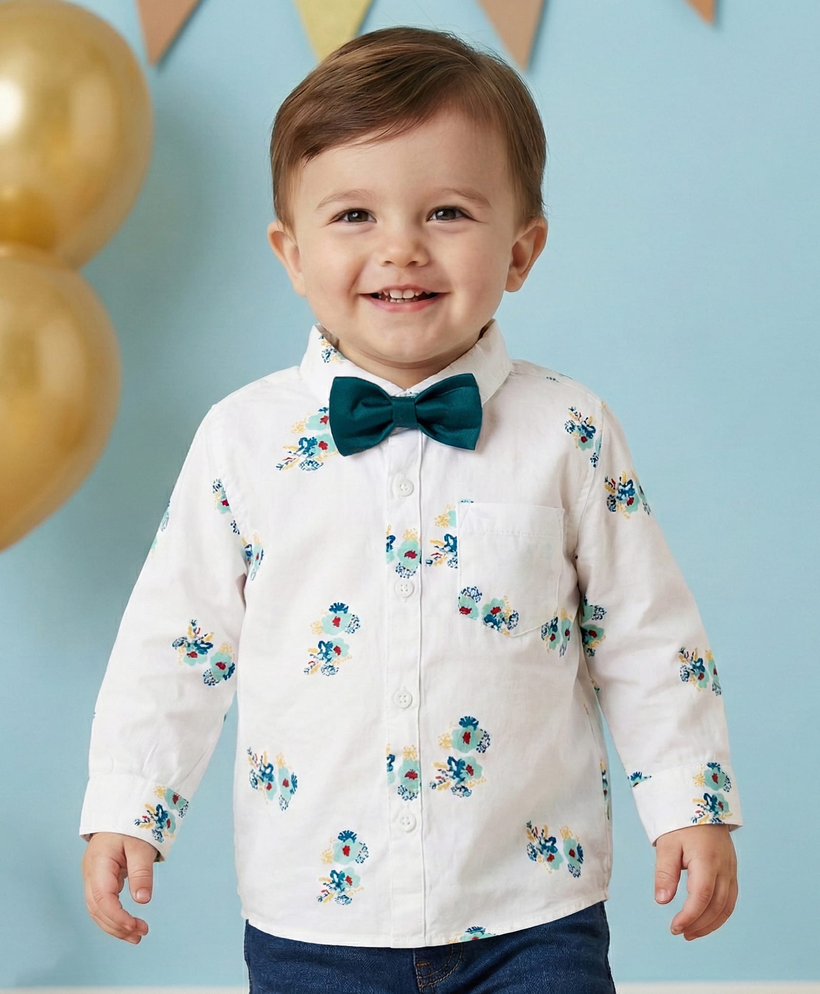 Babyoye 100% Cotton Knit Full Sleeves Floral Printed Party Shirts with Bow - White-image-22