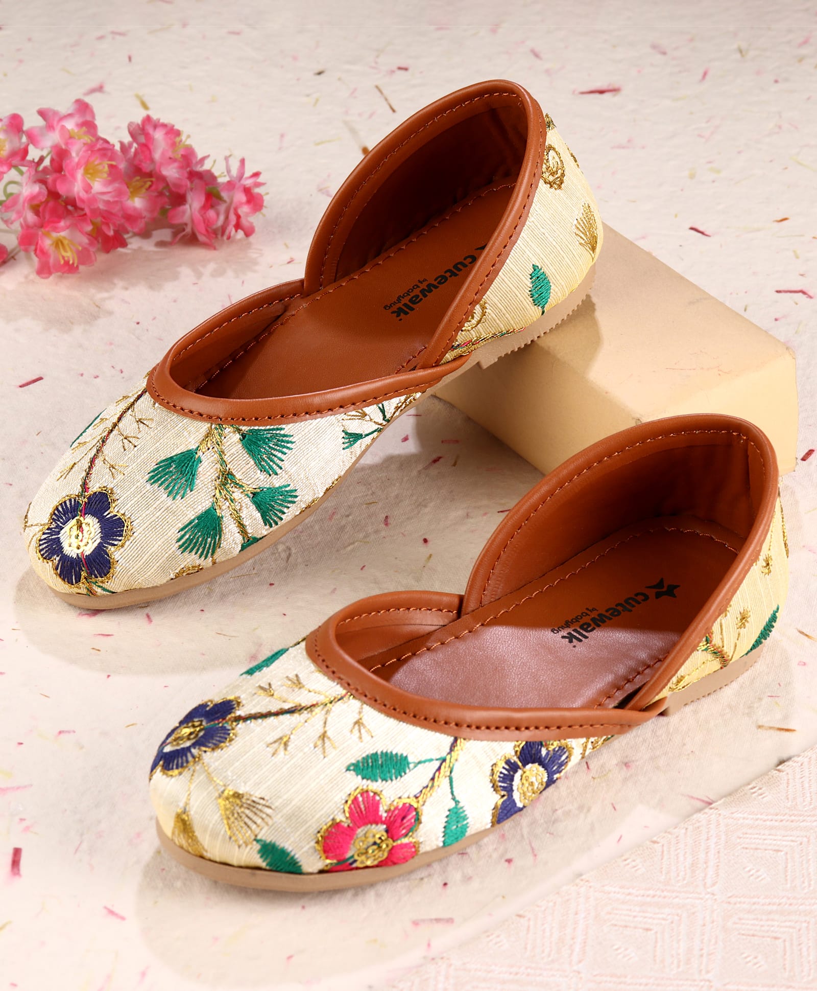 Cute Walk by Babyhug Slip On Mojaris with Floral Embroidery - Beige