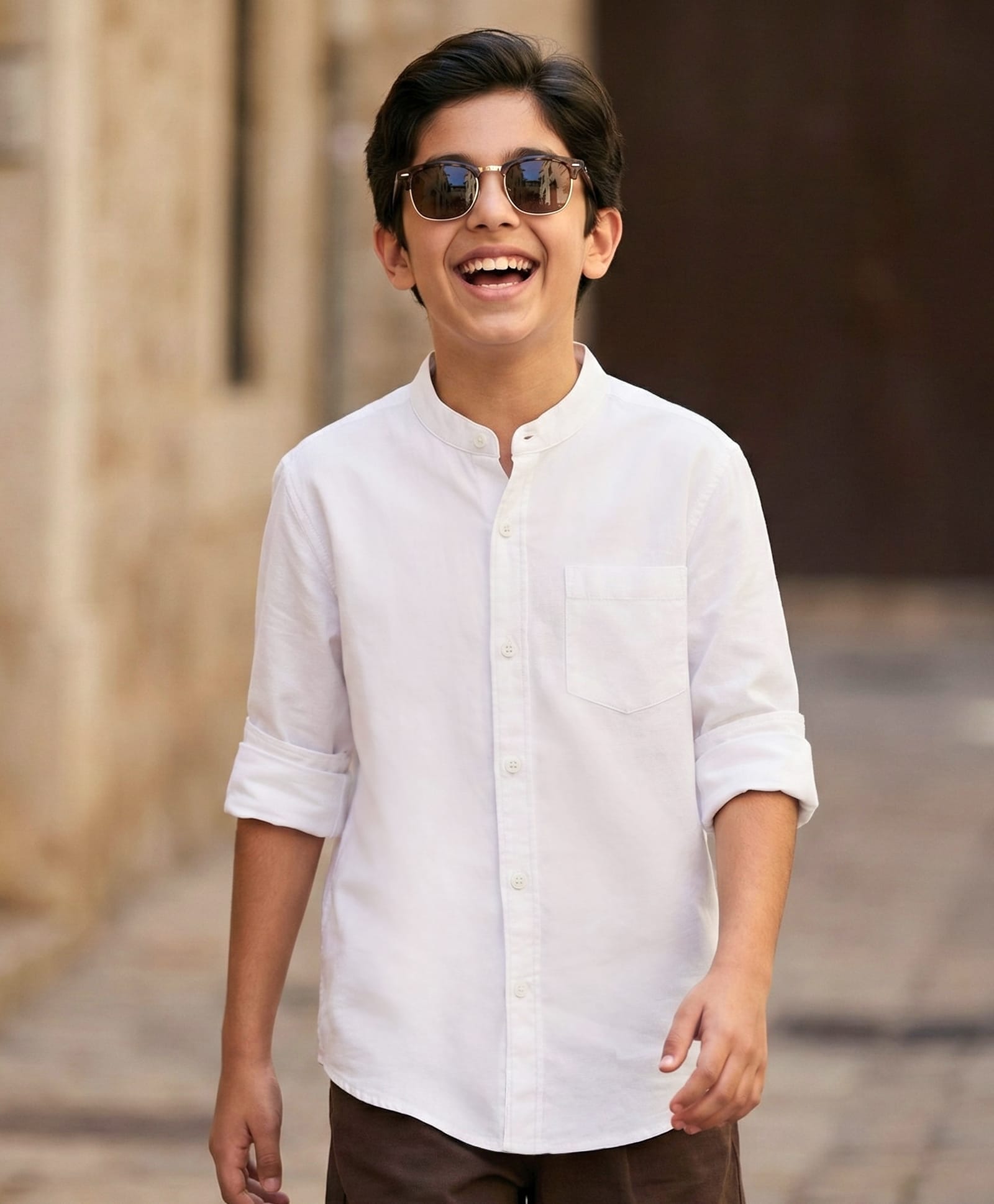 Pine Kids 100% Cotton Woven Full Sleeves Mandarin Collar Solid Shirt - White