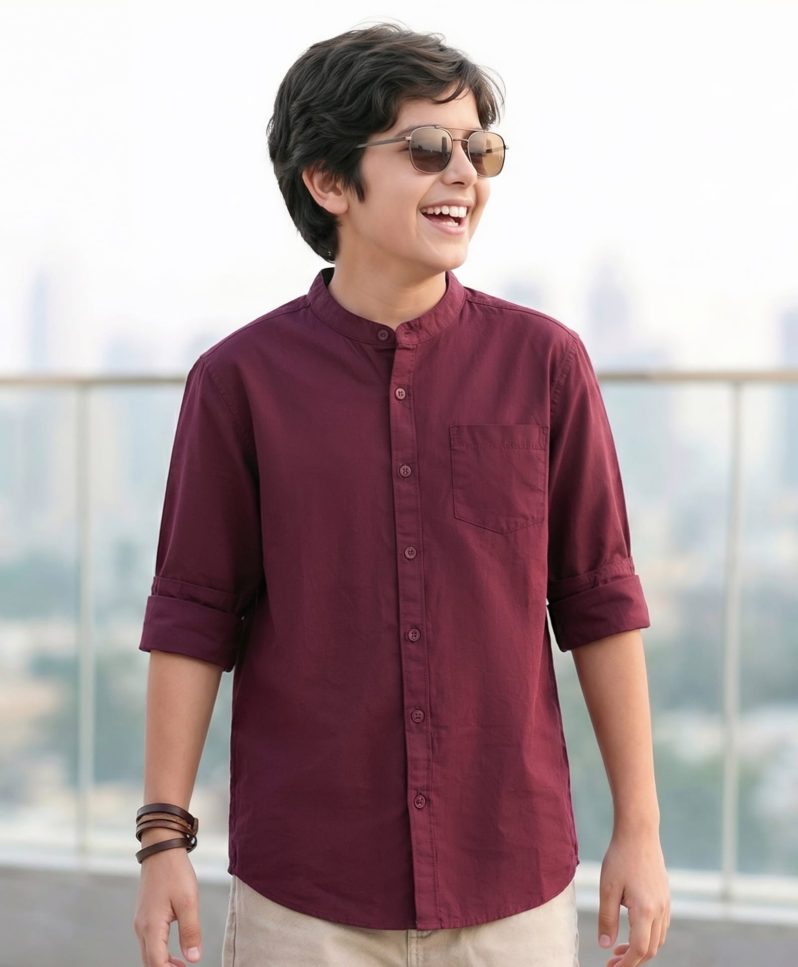Pine Kids 100% Cotton Woven Full Sleeves Solid Colour Mandarin Colour Shirt - Wine