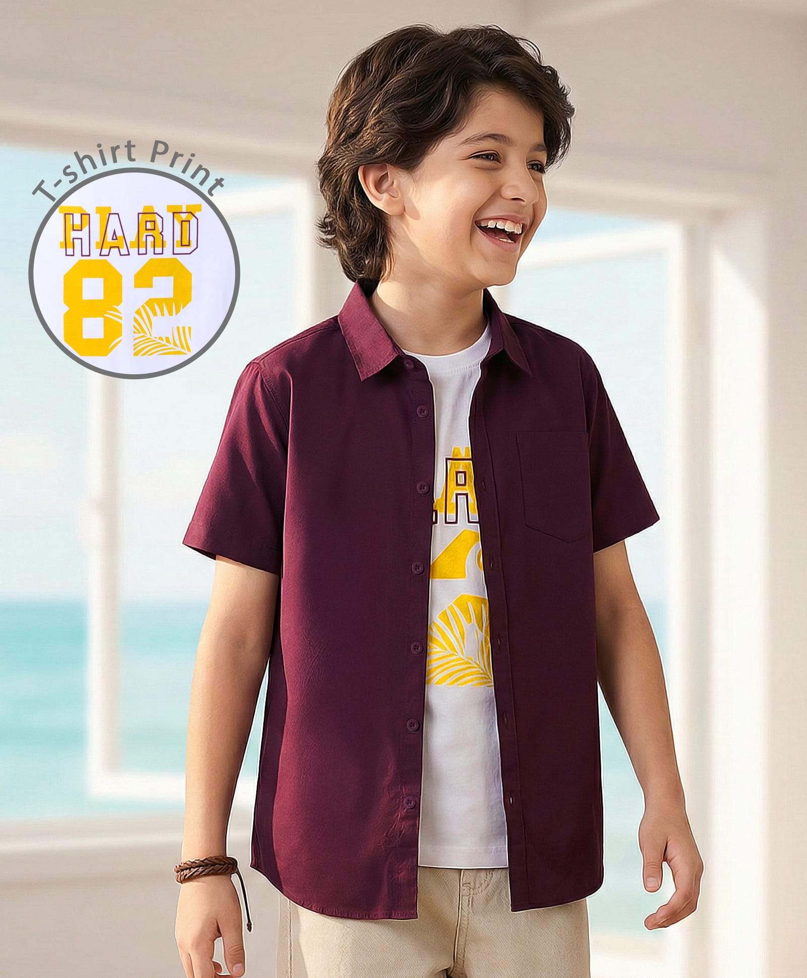Pine Kids Cotton Woven Half Sleeves Solid Colour Shirt with T-Shirt - Maroon-picture-11