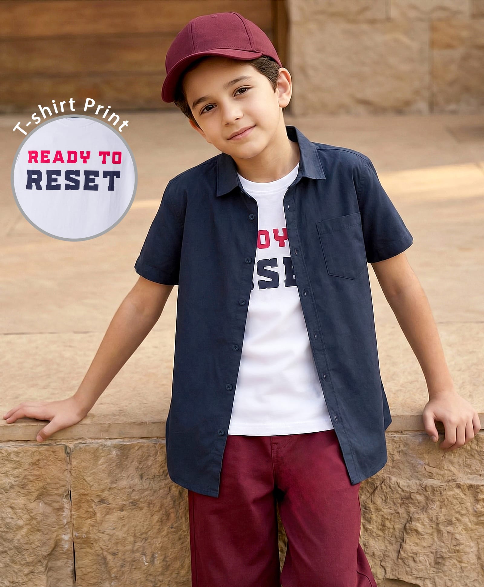 Pine Kids Cotton Woven Half Sleeves Solid Colour Shirt with T-Shirt - Navy-picture-20