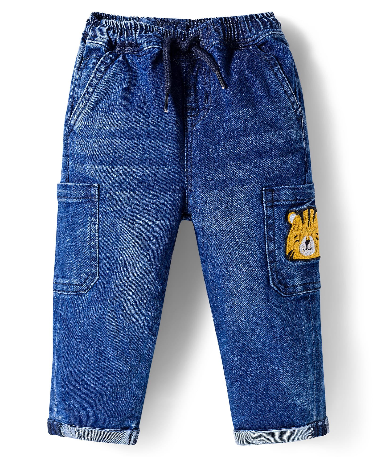 Bonfino Woven Full Length Washed Jeans With Tiger Embroidery & Patch Pockets - Blue-picture-21