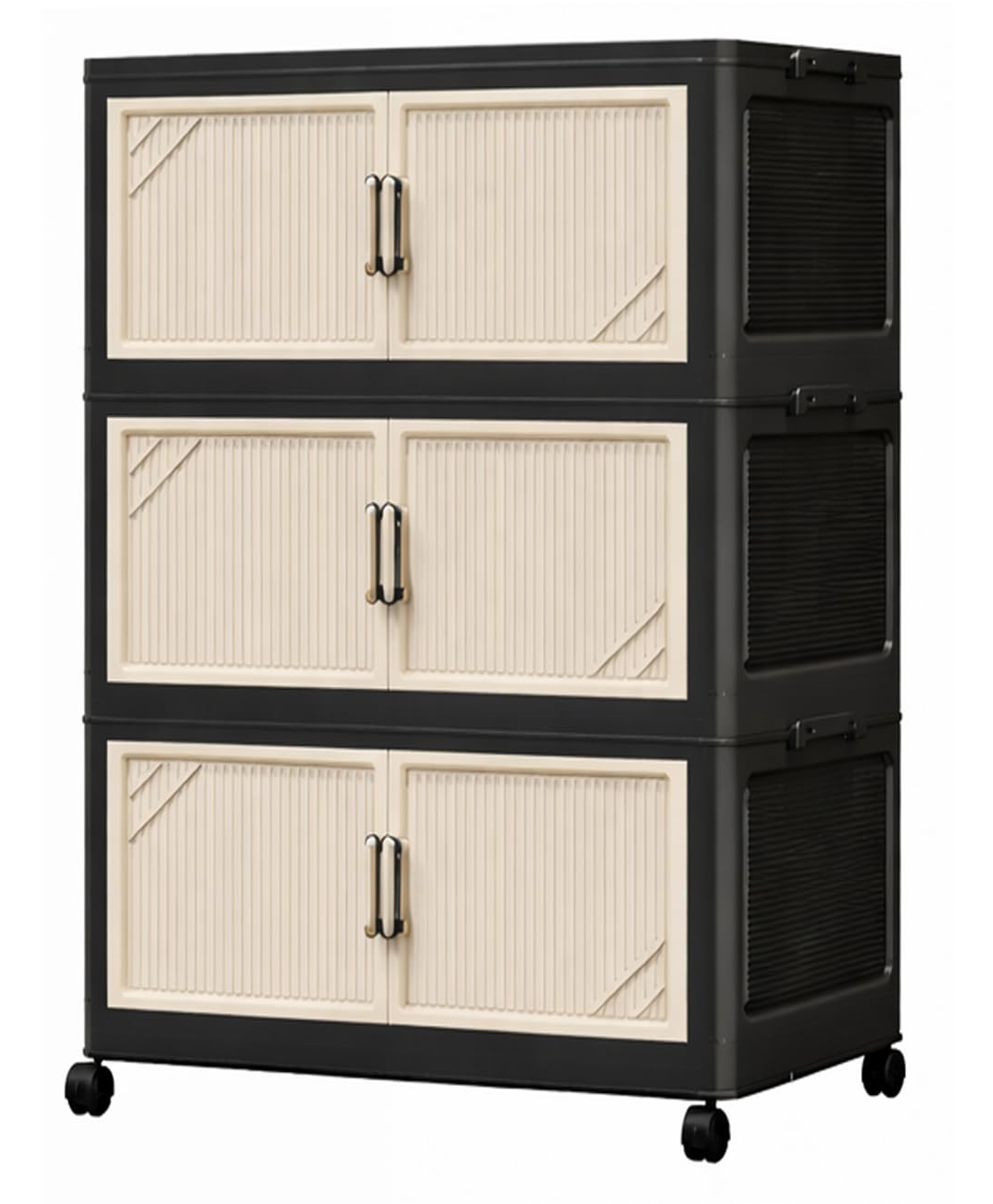 House Of Quirk Multi-Tier Foldable Storage Box with Wheels Durable Plastic Wardrobe Organizer for Clothes Bags Toys & Living Room Storage - Black/Beige 3 Layer-image-15