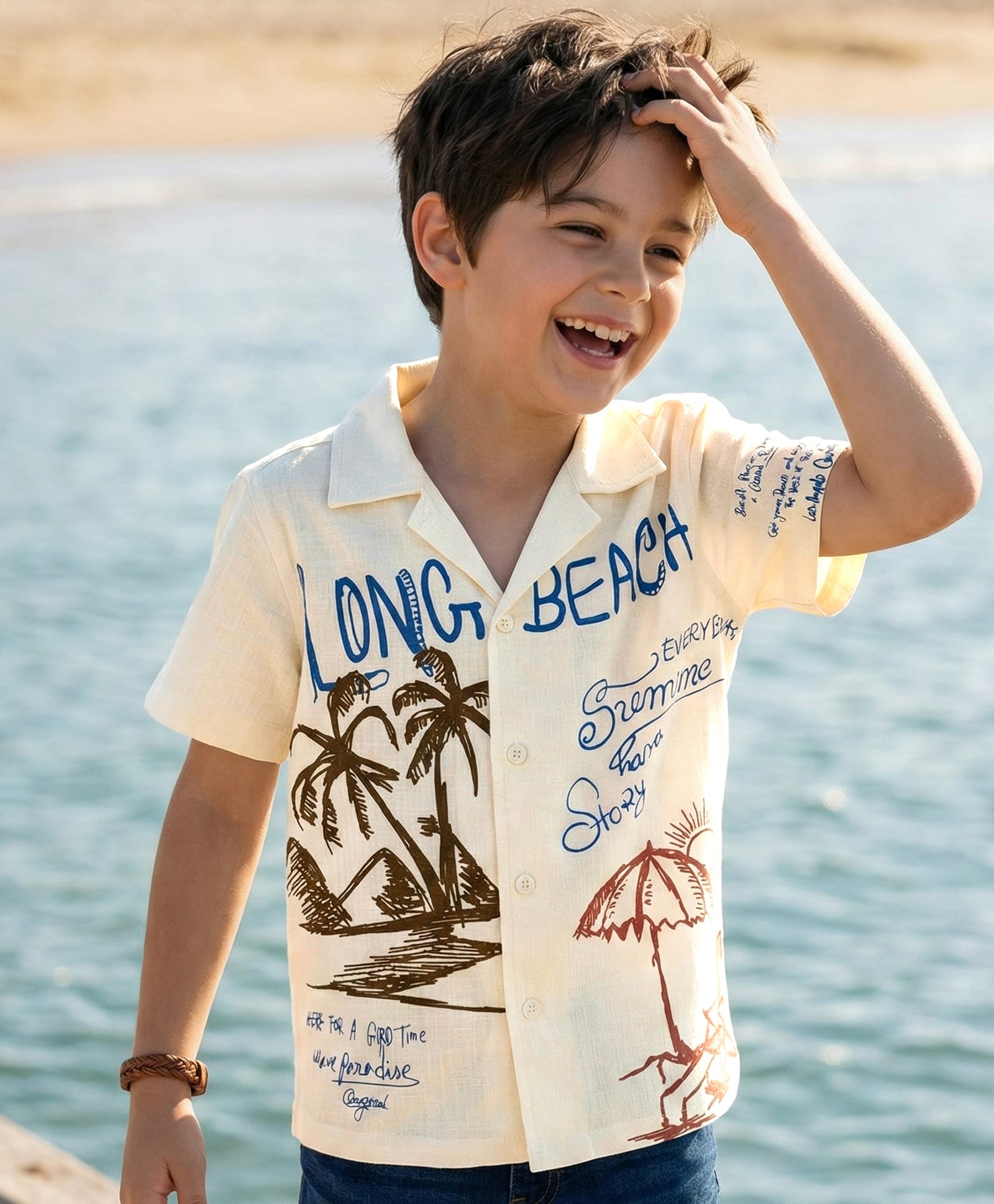 Pine Kids Cotton Knit Half Sleeves Resort Collar Shirt With Beach Theme Print - Off White-image-4