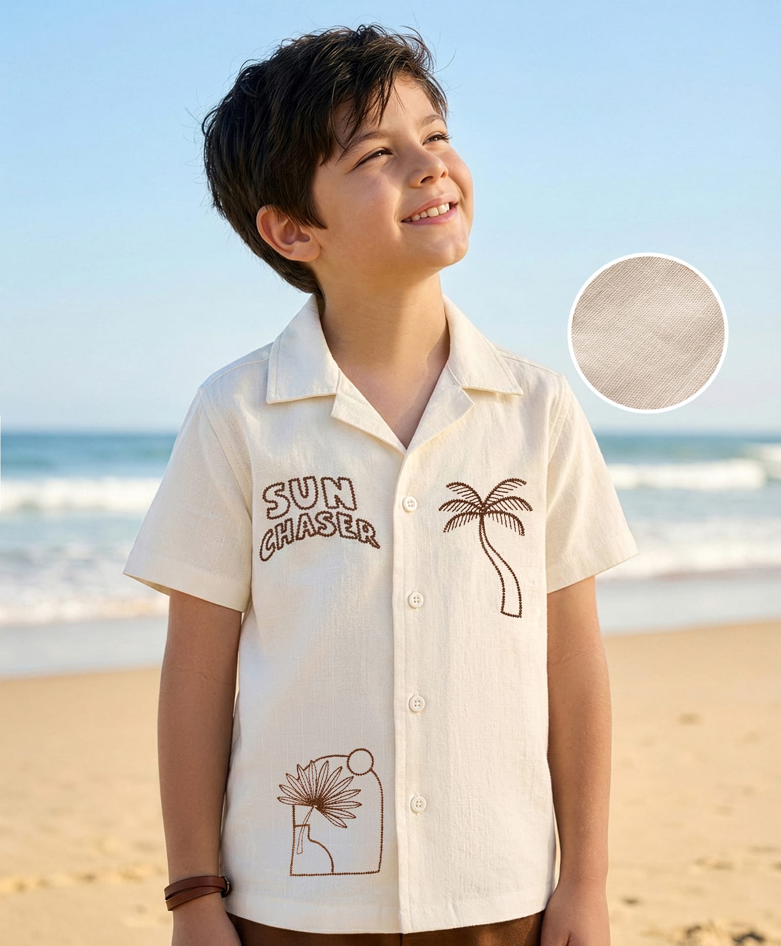 Pine Kids Cotton Knit Half Sleeves Resort Collar Shirt With Tree Print - Off White-image-45
