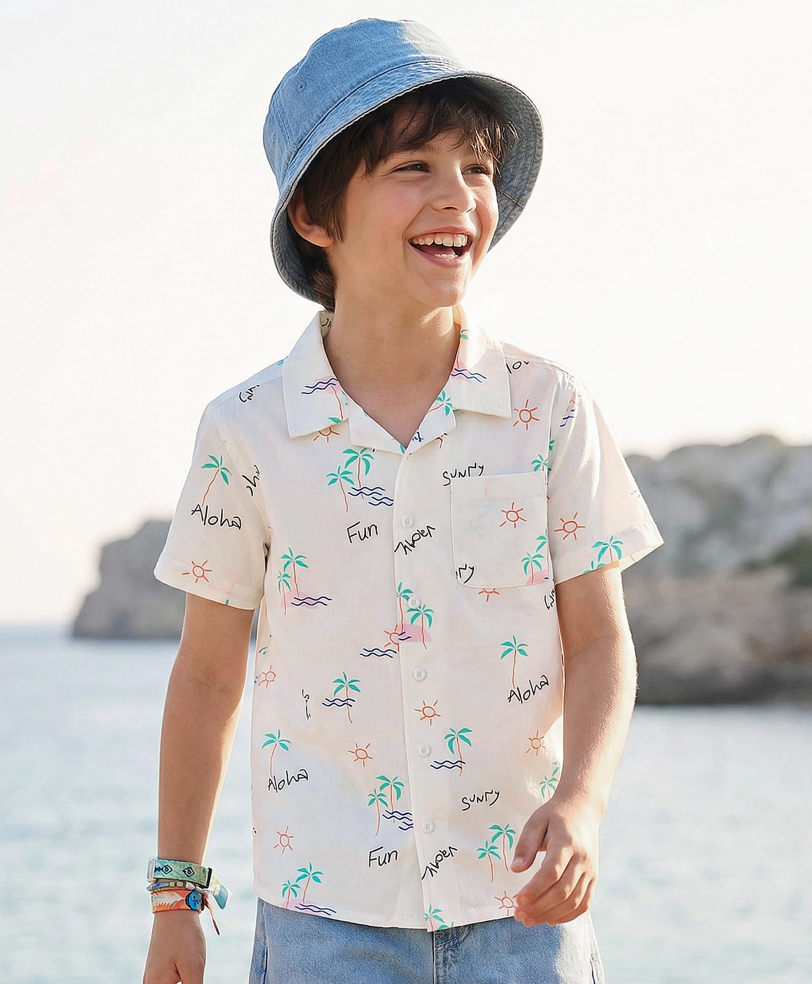 Pine Kids Cotton Woven Half Sleeves Shirt with Sunny Day Print - White-image-13