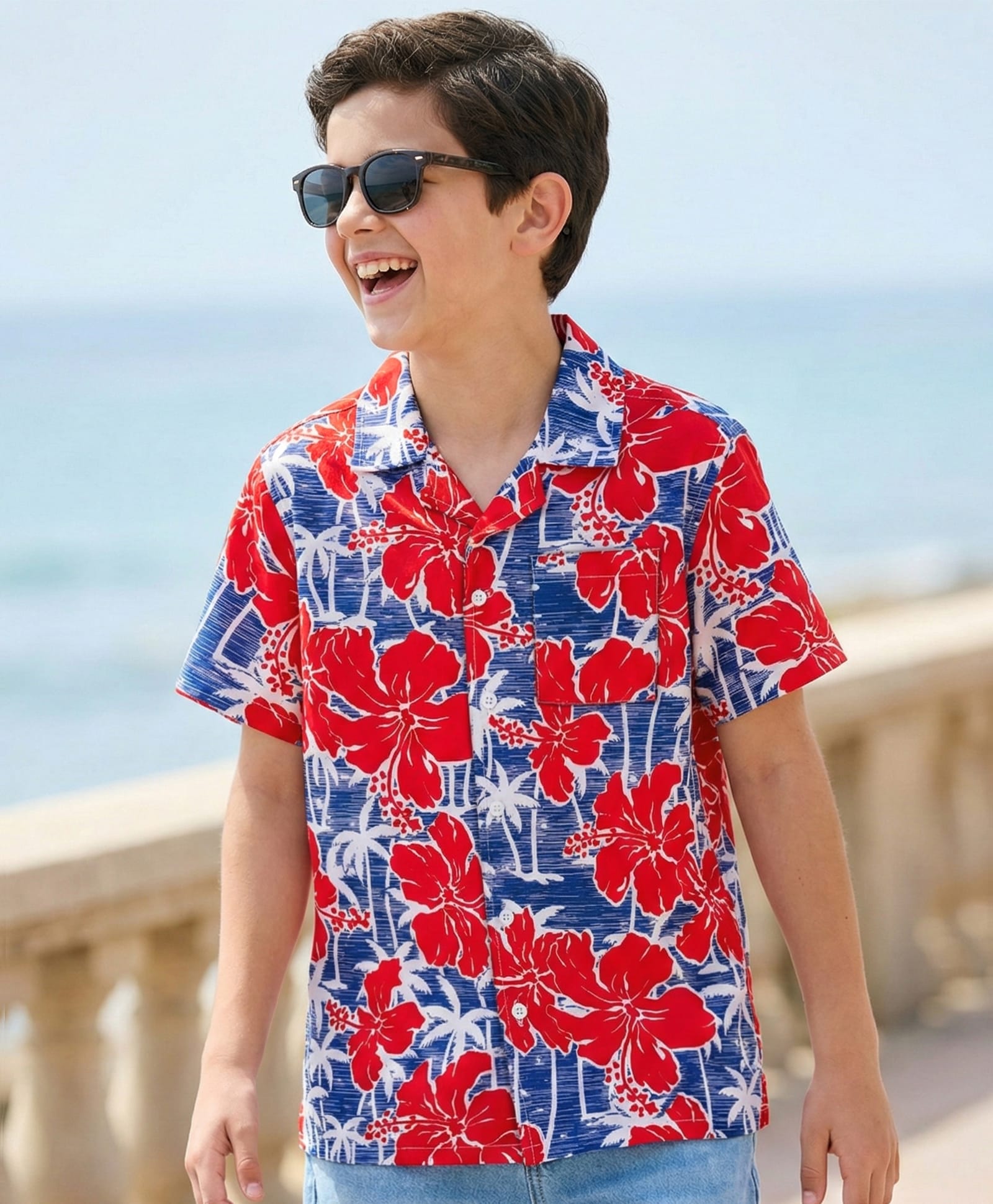 Pine Kids Cotton Woven Half Sleeves Shirt with Floral Print - Red-image-26