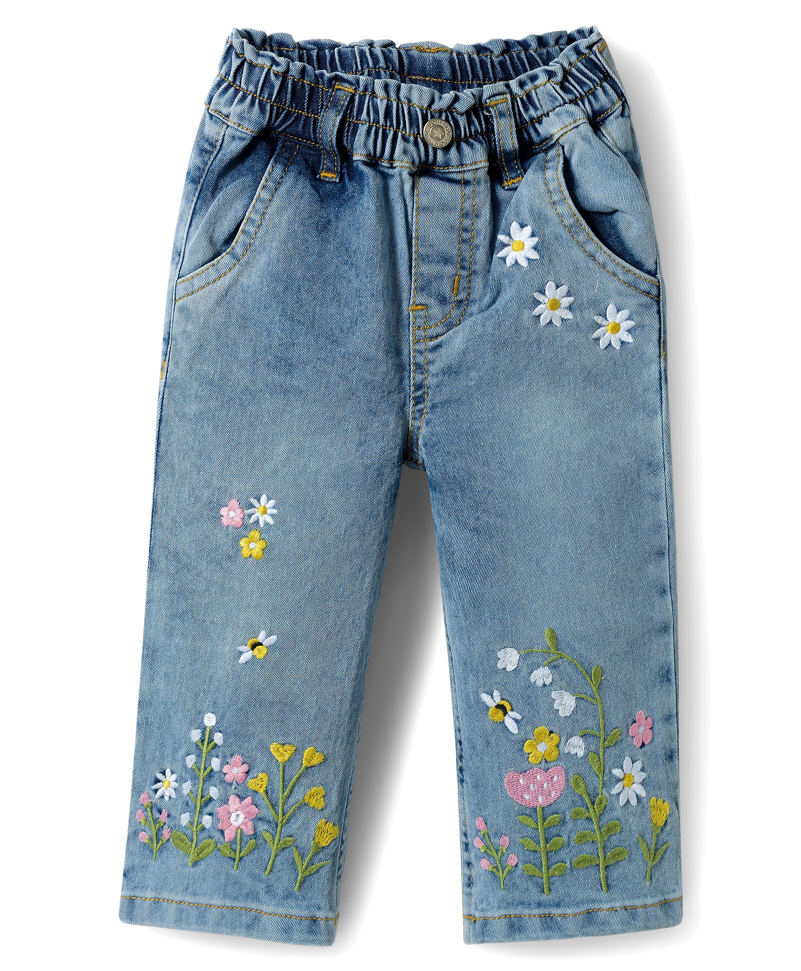 Bonfino Woven Full Length Barrel Fit Washed Denim Jeans With Floral Embroidery - Light Blue-image-14