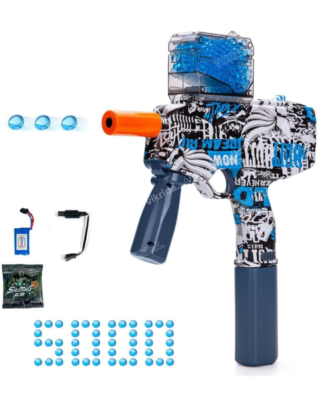 Vikrida MP9 Automatic Gel Blaster Gun Electric Small Balls Shooter with 5000 Rounds, Long-Range Action & Rechargeable Battery Blue-image-23