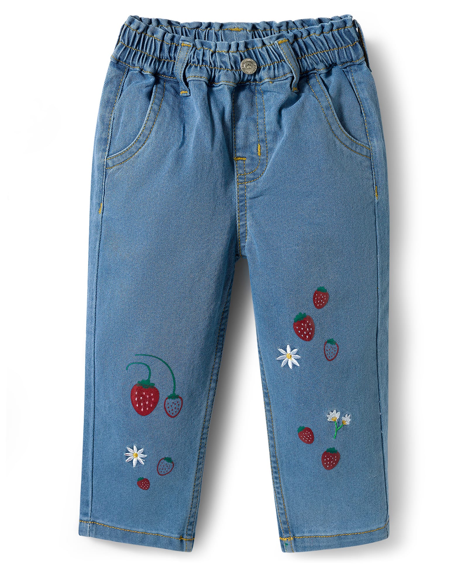 Bonfino Woven Full Length Barrel Fit Washed Denim Jeans With Floral & Strawberry Embroidery - Light Blue-image-15