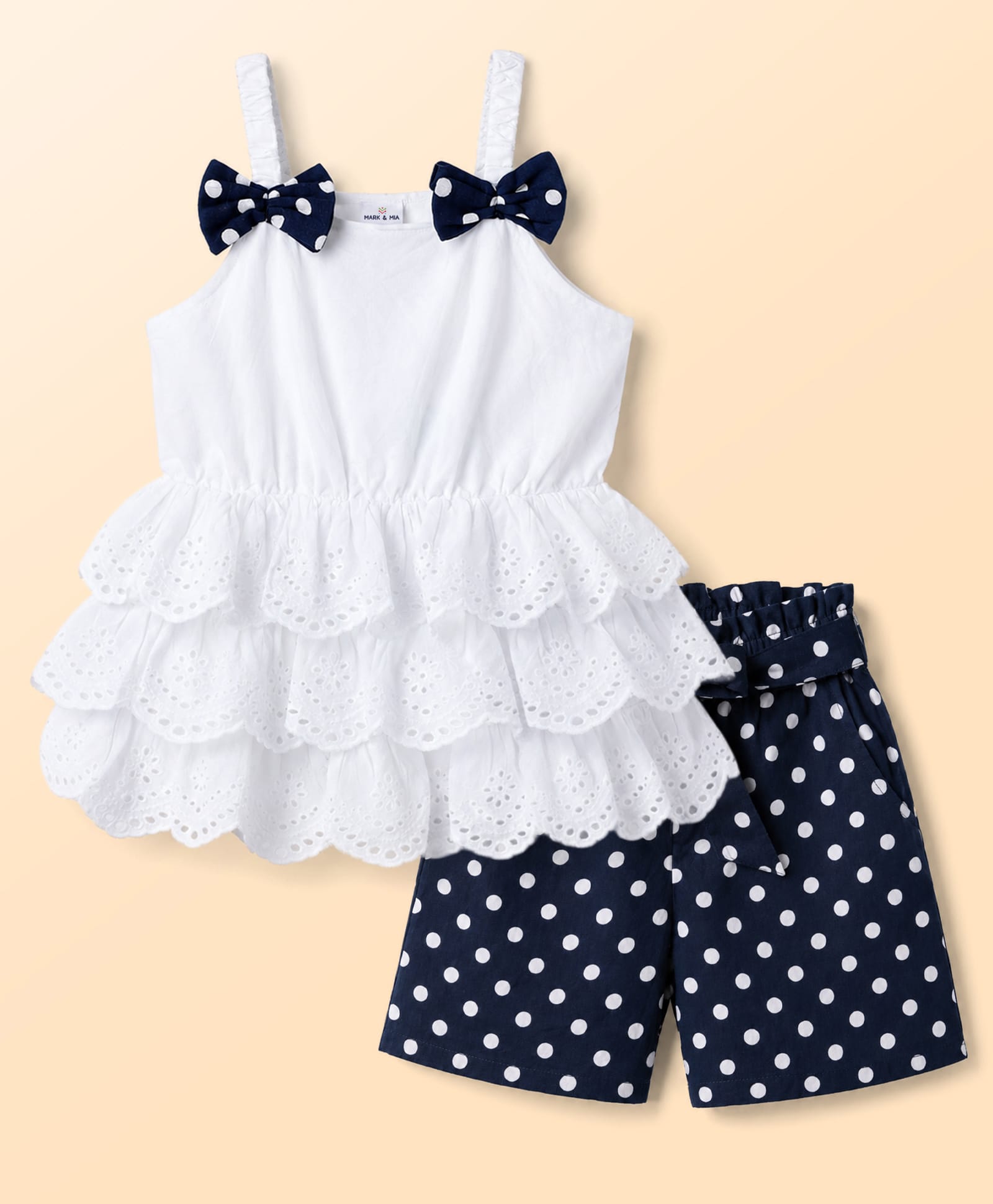 Mark & Mia Woven Singlet Top & Polka Dot Printed Shorts Set With Schiffle & Bow Detailing - Multicolor-image-42