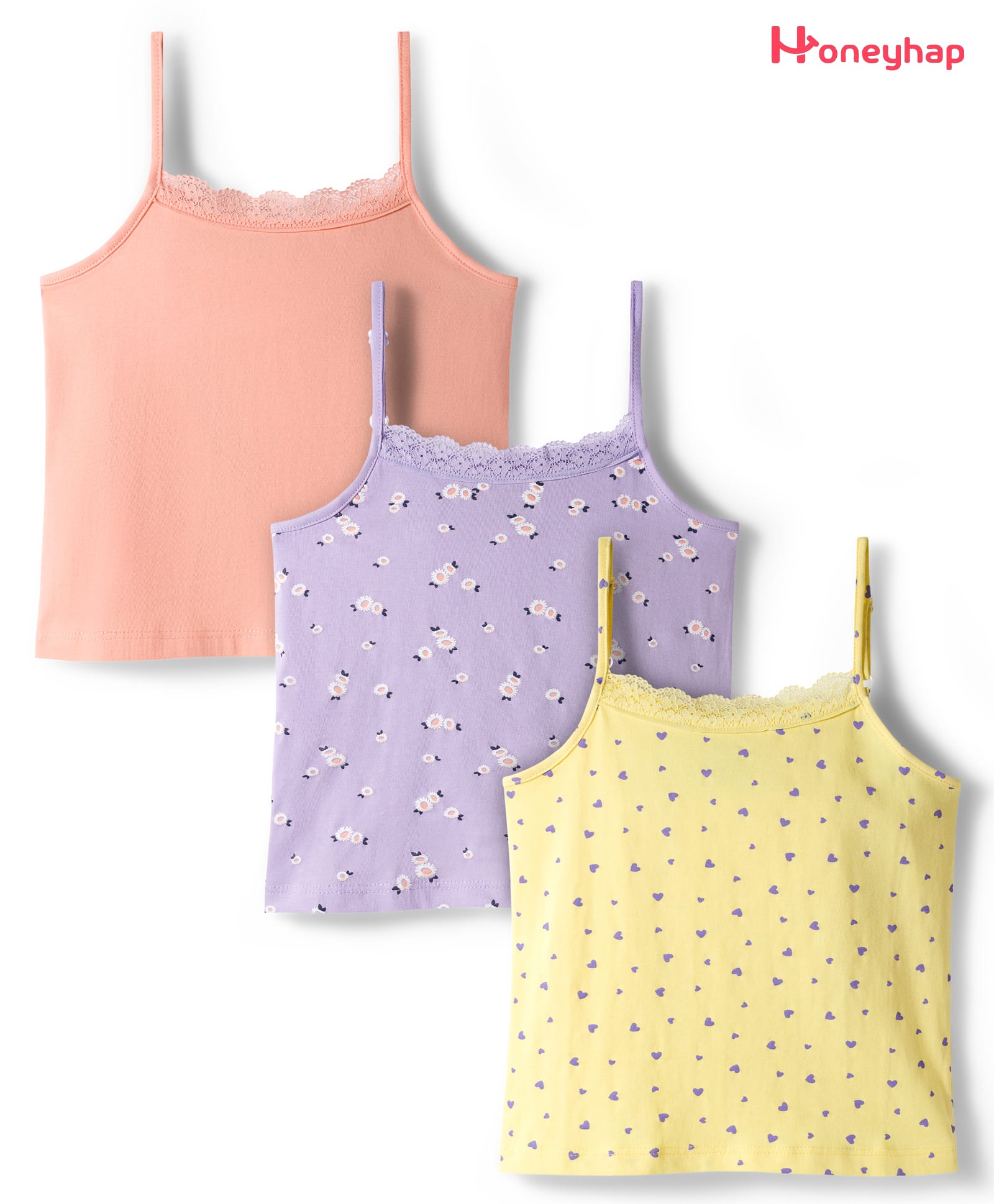 Honeyhap Premium Cotton Elastane Knit Sleeveless Slips With Bio Finish & Floral Print Pack of 3 - Pastel Lilac Tropical Peach & Yellow Iris-picture-35