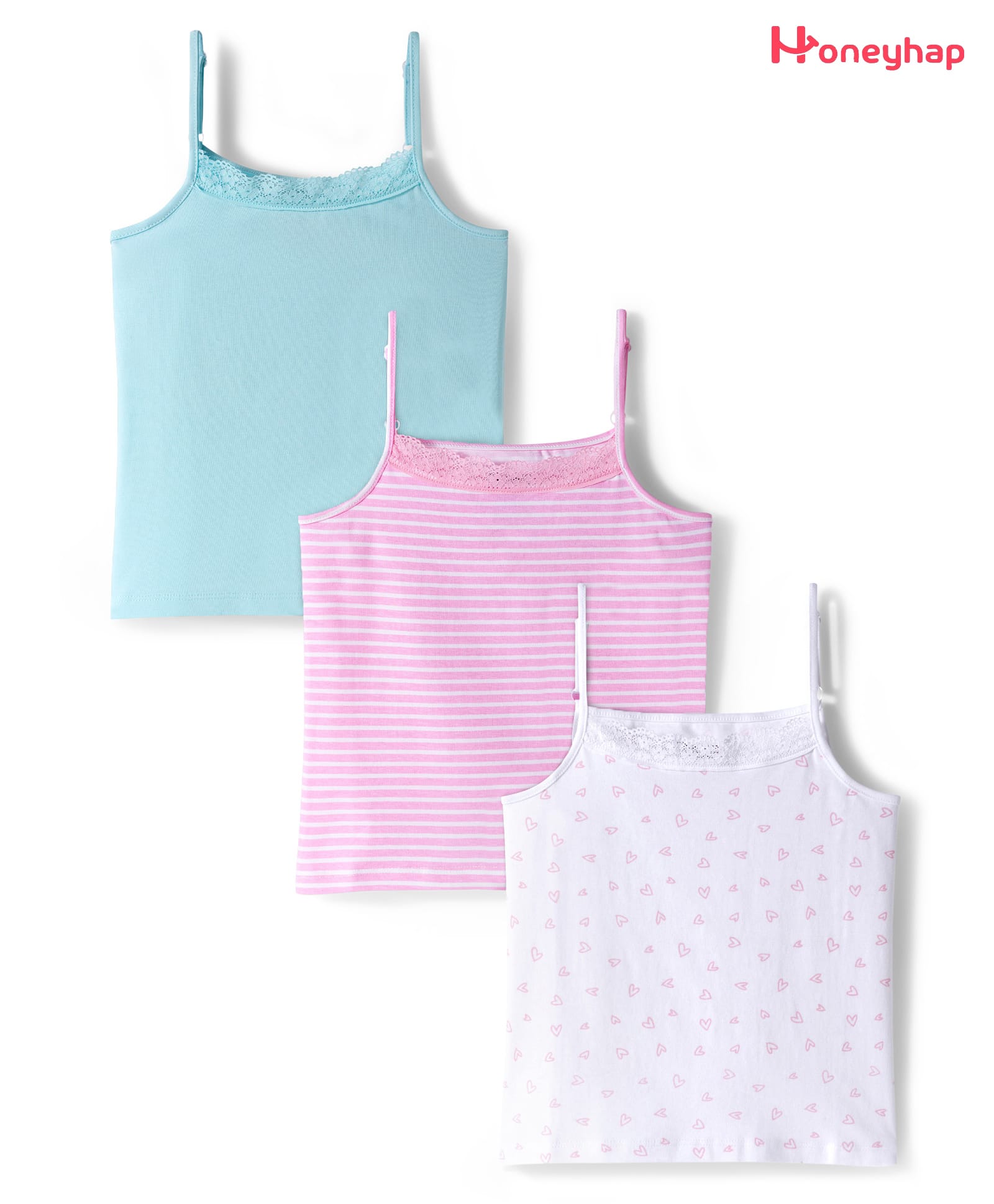Honeyhap Premium Cotton Elastane Knit Sleeveless Slips With Bio Finish & Heart Print Pack of 3 - Lilac Sachet Bright White & Saltwater Slide-picture-34