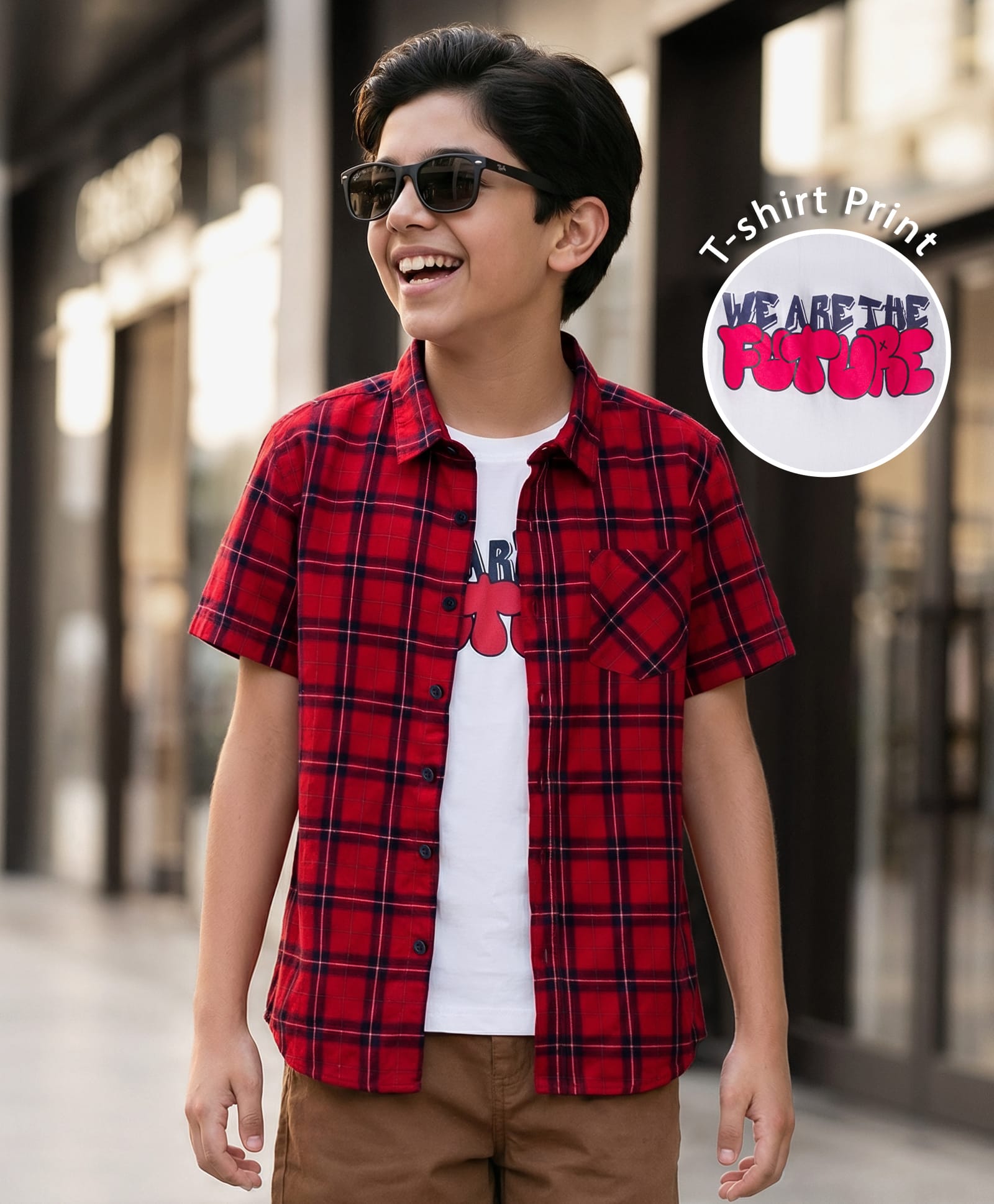 Pine Kids 100% Cotton Woven Half Sleeves Checks Sleeves With Sleeveless Tank T-Shirt With Text Print - Red