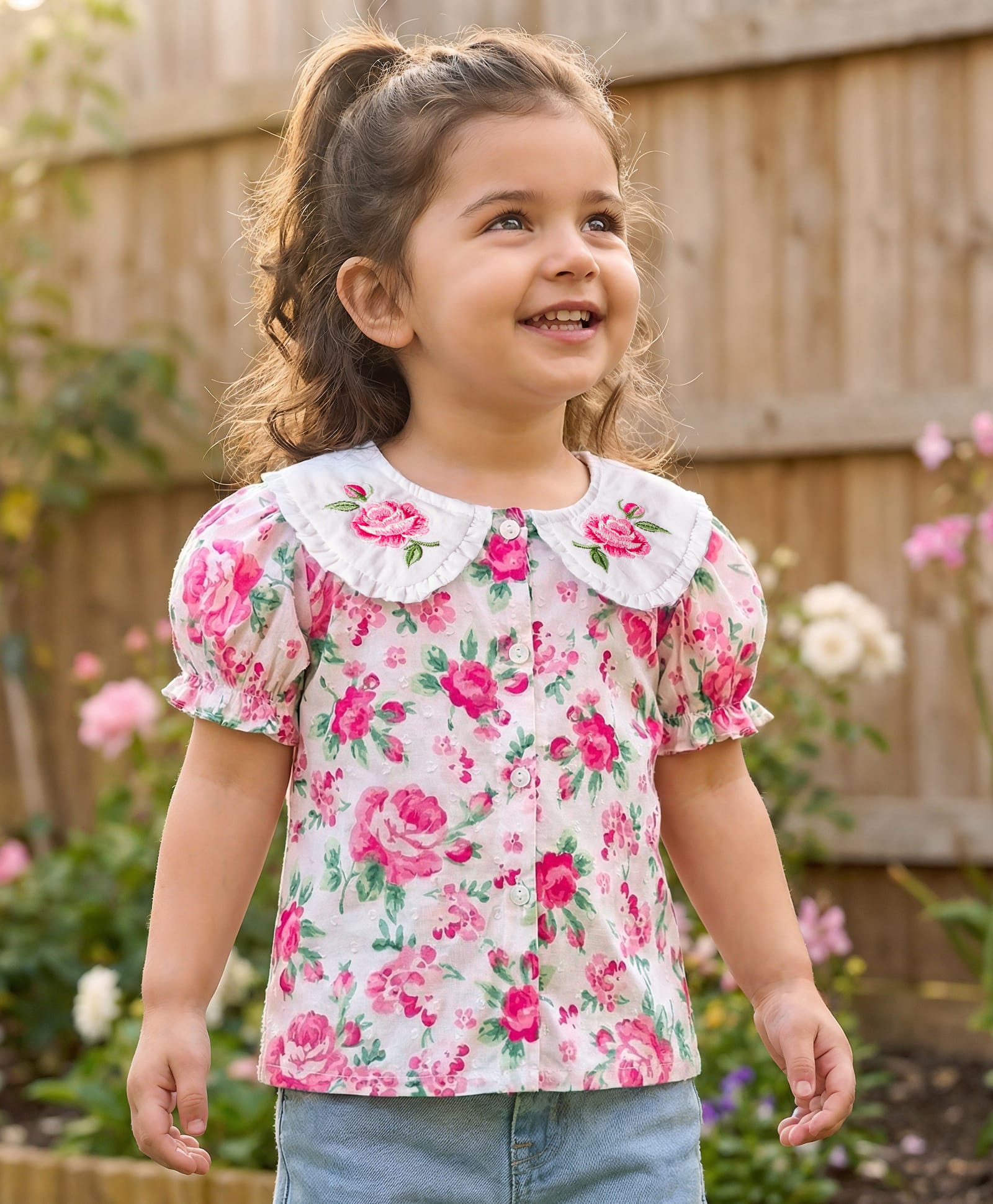 Babyhug Cotton Woven Half Sleeves Top With Floral Print - White