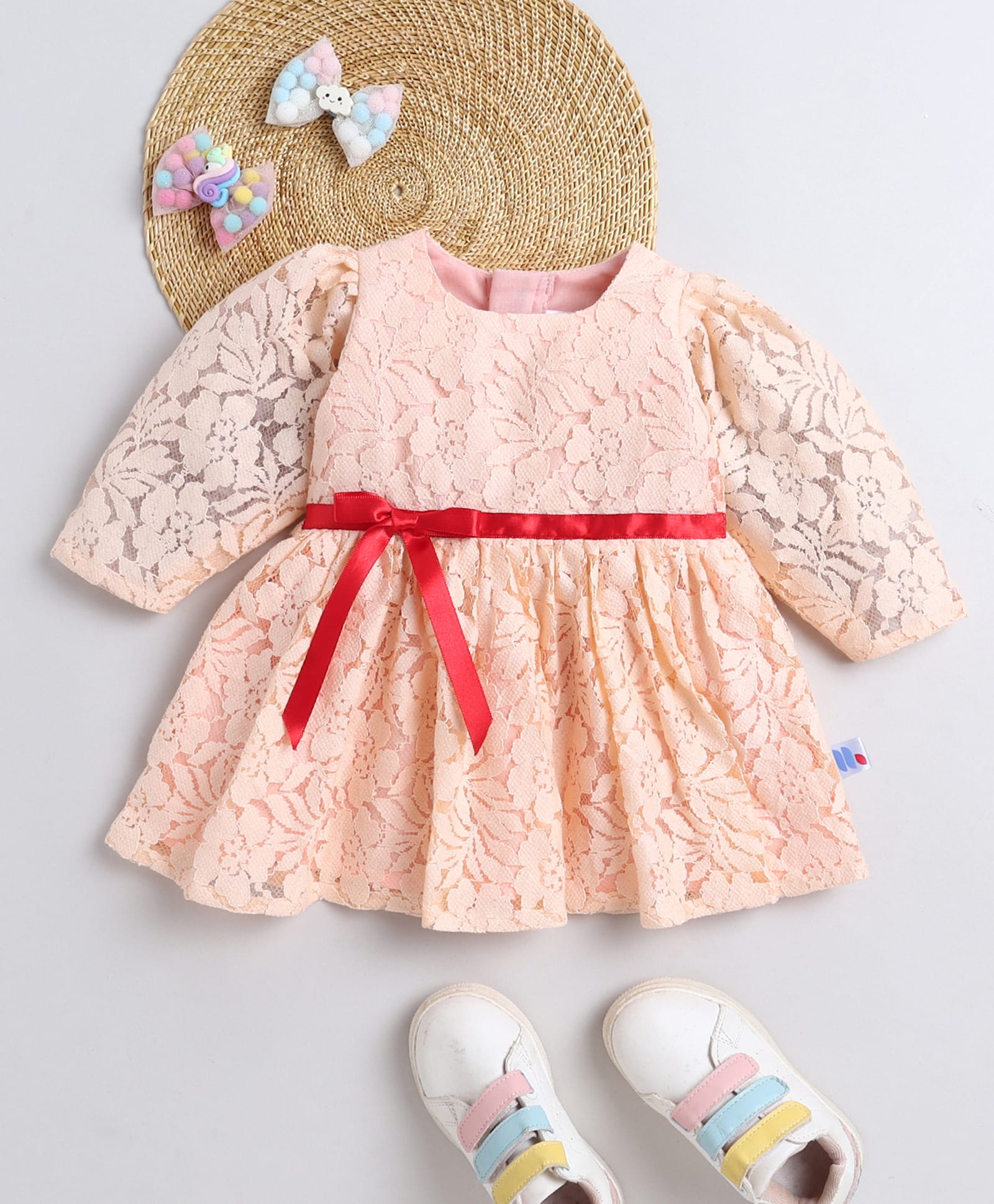 Many frocks & Cotton Woven Half Sleeves Floral Embroidered Dress - Peach-image-35