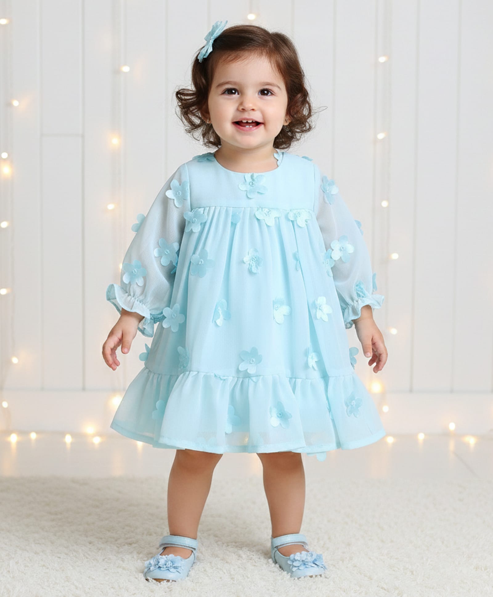 Many frocks & Georgette Woven Half Puffed Sleeves Floral Applique Detailed Dress - Light Blue-image-3