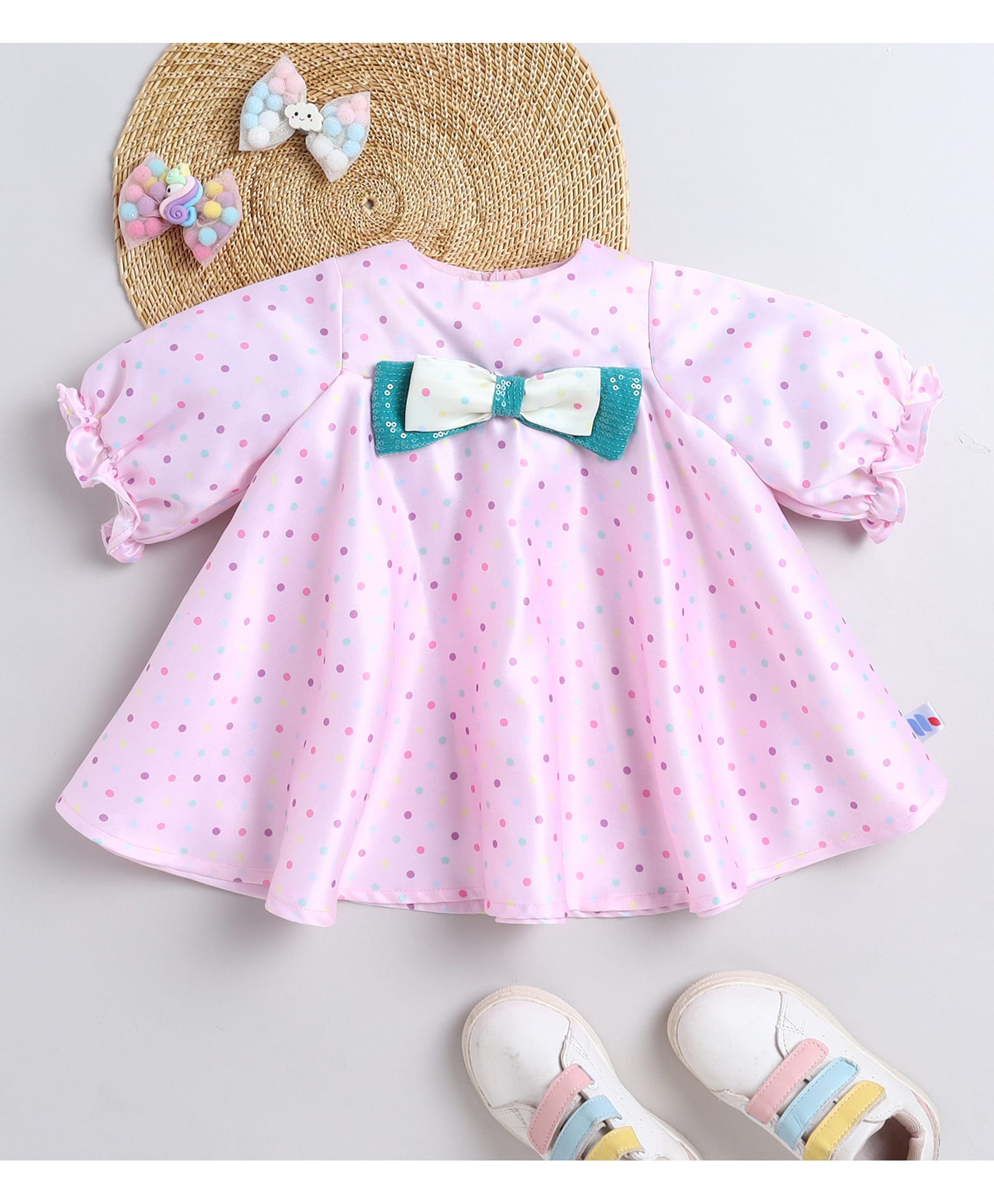 Many frocks & Satin Woven Half Puffed Sleeves Sequins Embellished Bow Applique Detailed Polka Dots Printed Dress - Pink-image-24