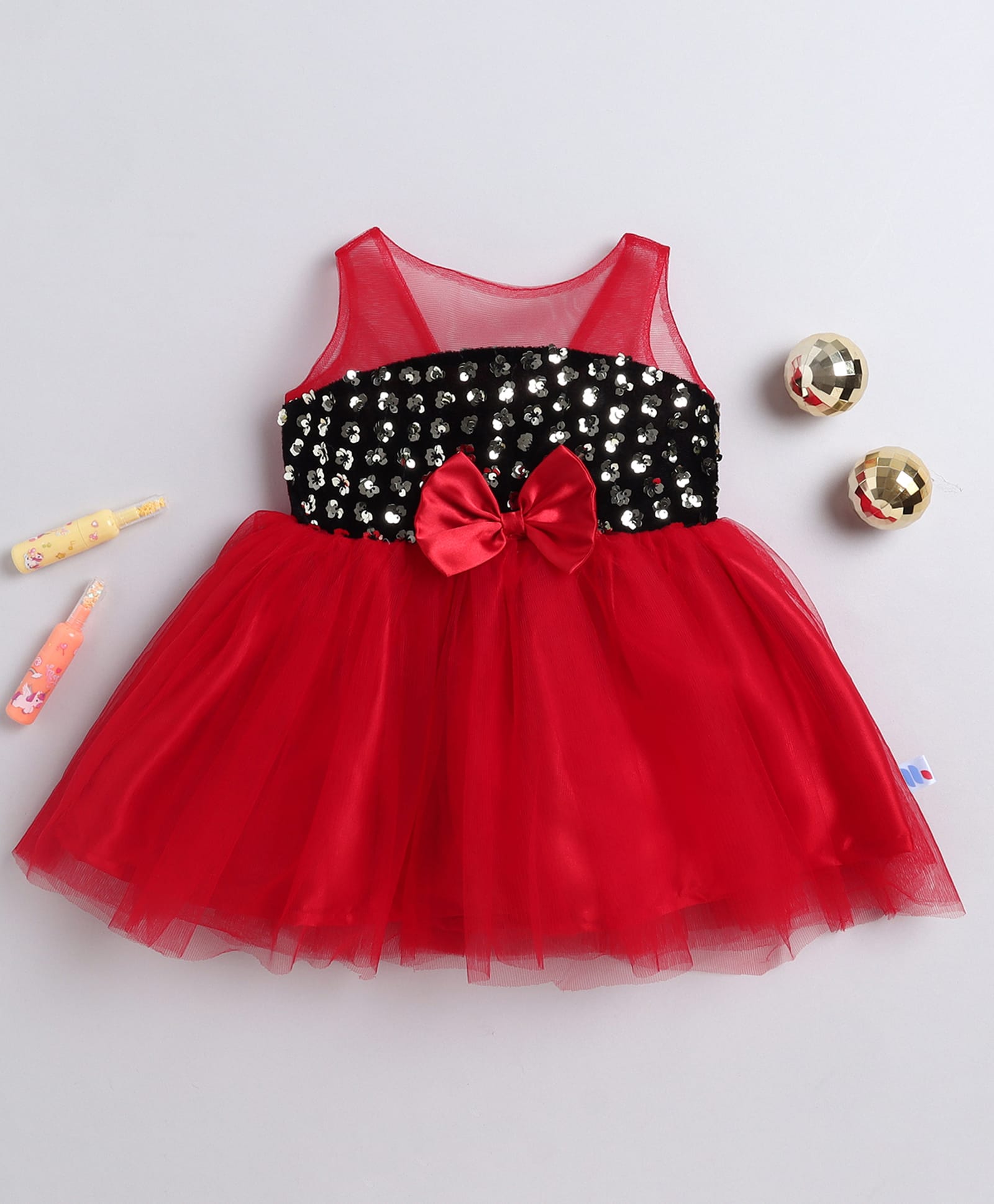 Many frocks & Net Woven Sleeveless Floral Designed Sequins Embellished Bow Applique Detailed Dress - Red & Black-image-6
