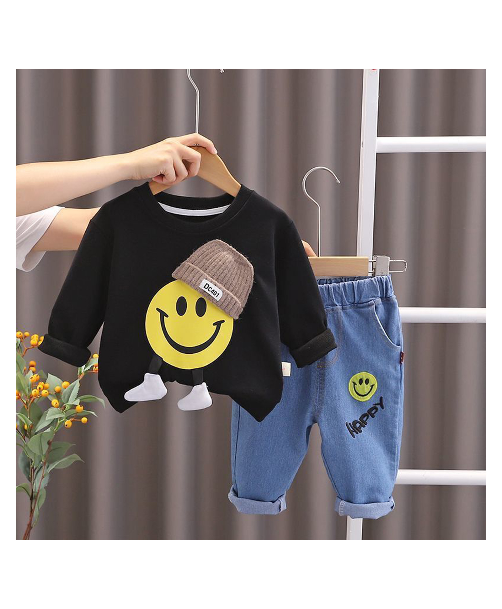 POP STREET KIDS Cotton Knit Full Sleeves Smiley Printed Light Winter Sweatshirt With Jeans Set - Black