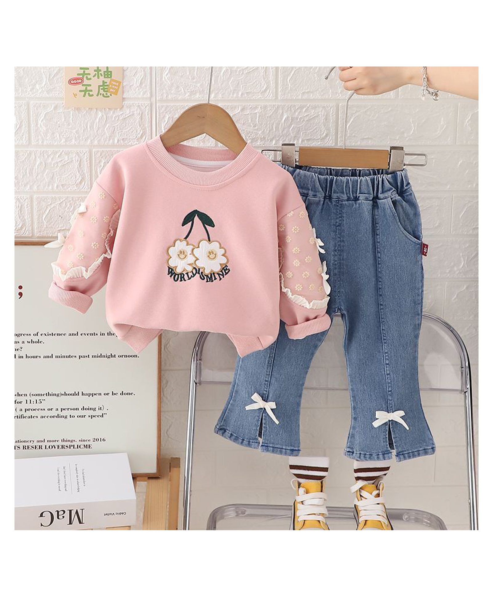 POP STREET KIDS Cotton Knit Full Sleeves Floral Printed Light Winter Sweatshirt With Jeans Set - Pink-image-48