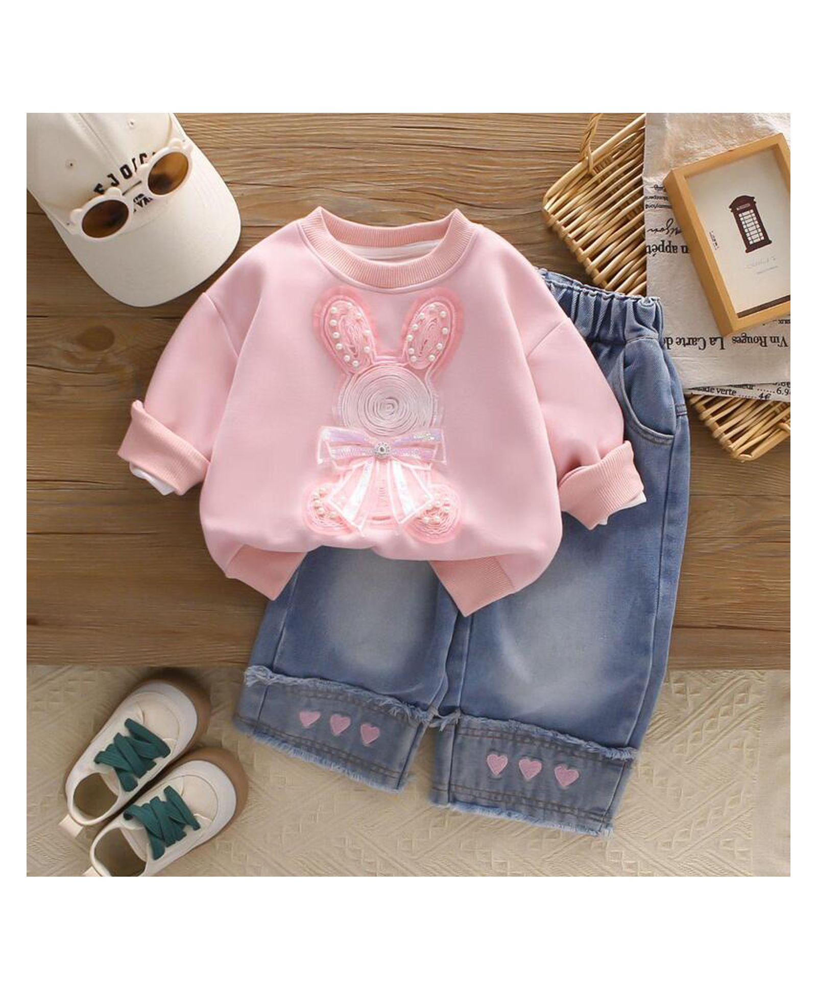 POP STREET KIDS Cotton Knit Full Sleeves Teddy Printed Light Winter Sweatshirt With Denim Pants Set - Pink
