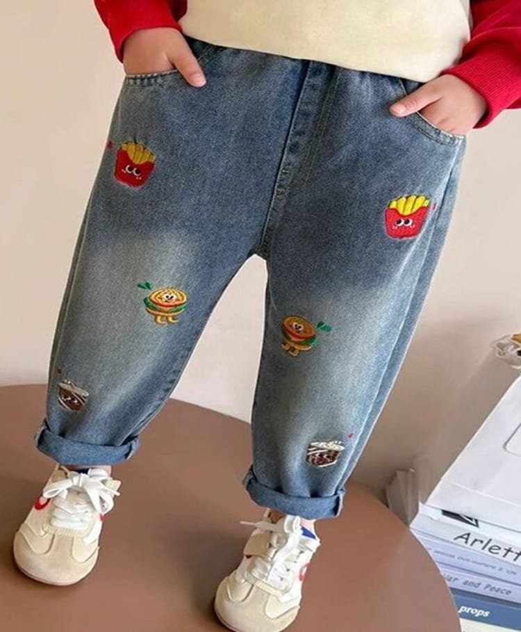 POP STREET KIDS Cotton Denim Fries & Burger Patch Detailed Jeans - Blue-picture-13