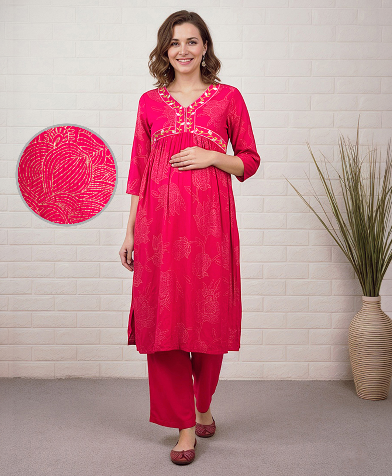 Bella Mama Woven Three Fourth Sleeves Embroidered Yoke & Floral Printed Maternity Suit Set - Dark Pink