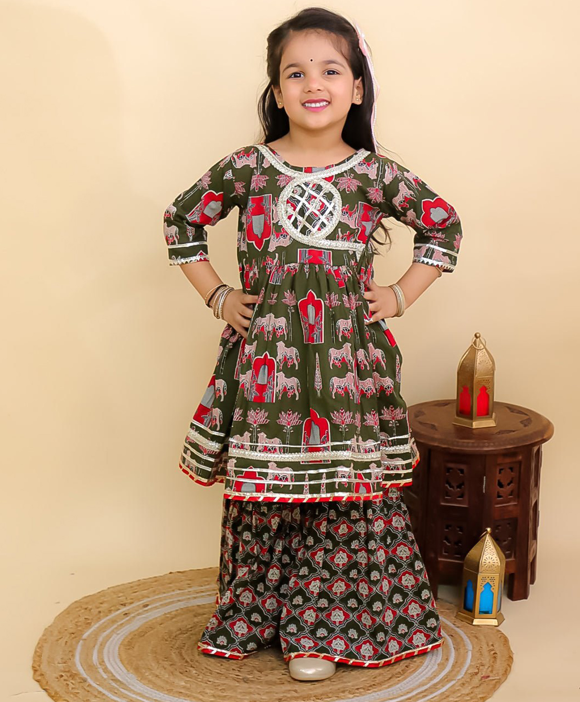 The Mom Store Cotton Woven Three Fourth Sleeves Animals & Trees Printed Lace Embellished Kurti Sharara Set - Green-image-47