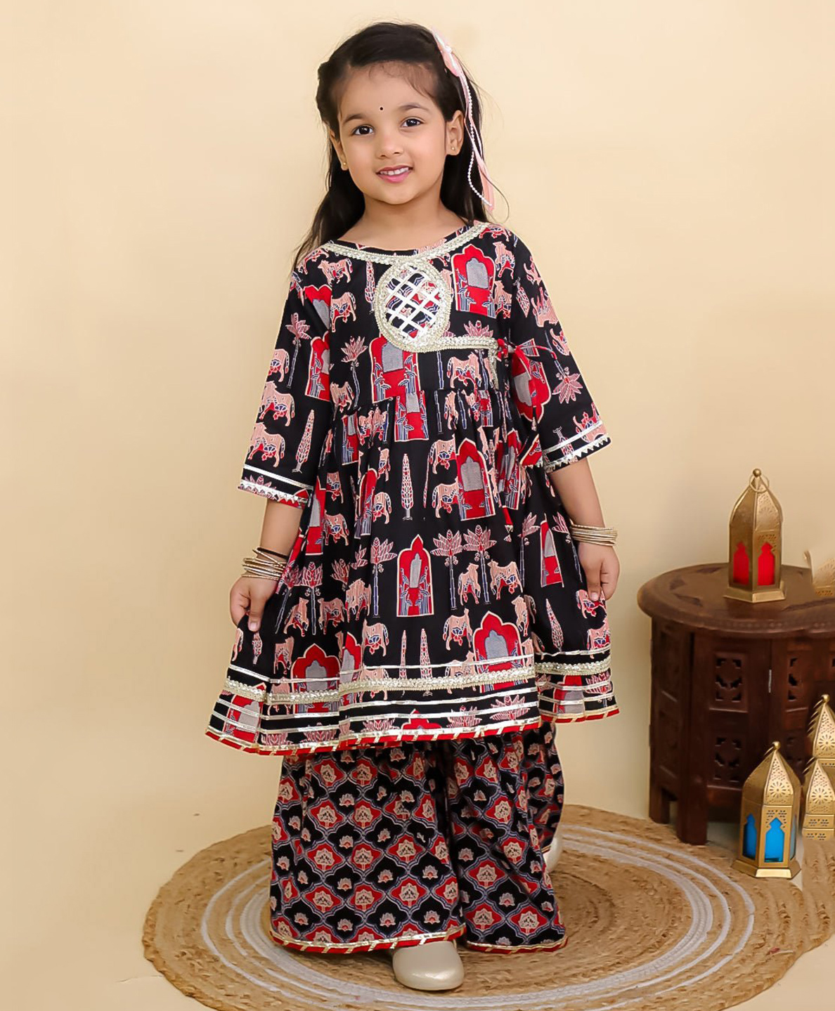 The Mom Store Cotton Woven Three Fourth Sleeves Animals & Trees Printed Lace Embellished Kurti Sharara Set - Black-image-11