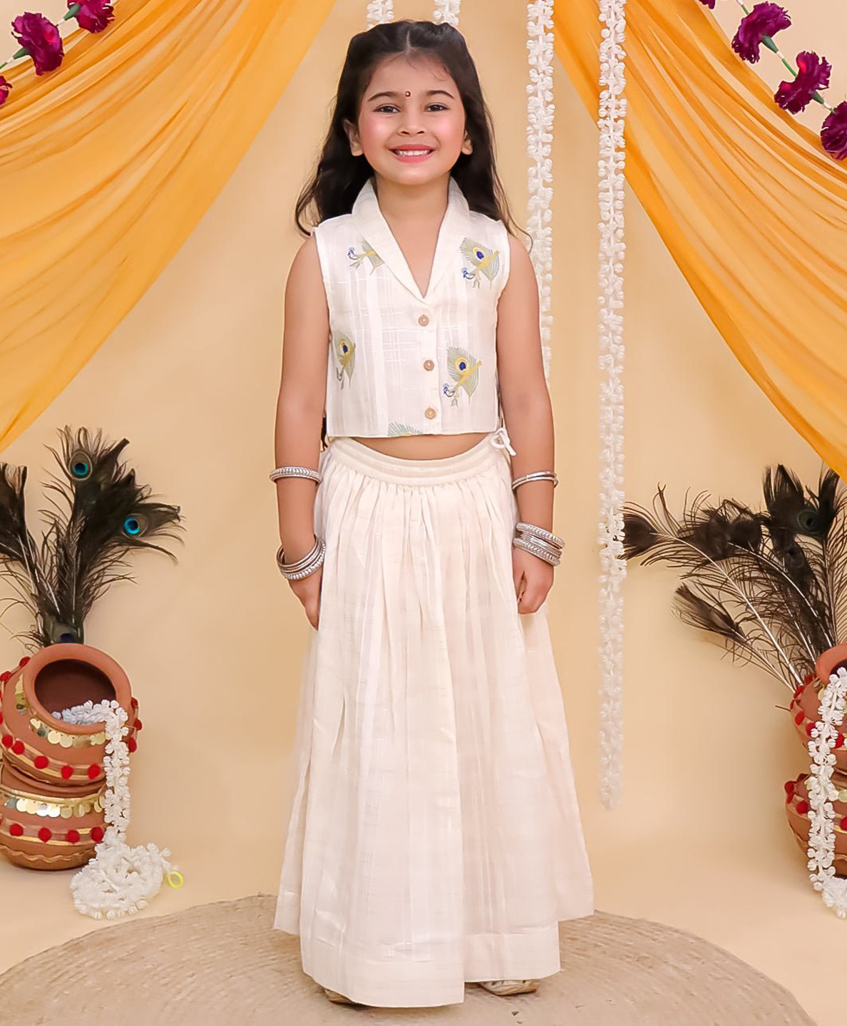 The Mom Store Cotton Woven Sleeveless Morpankh Embroidered Lehenga Choli Set - Off white-picture-31