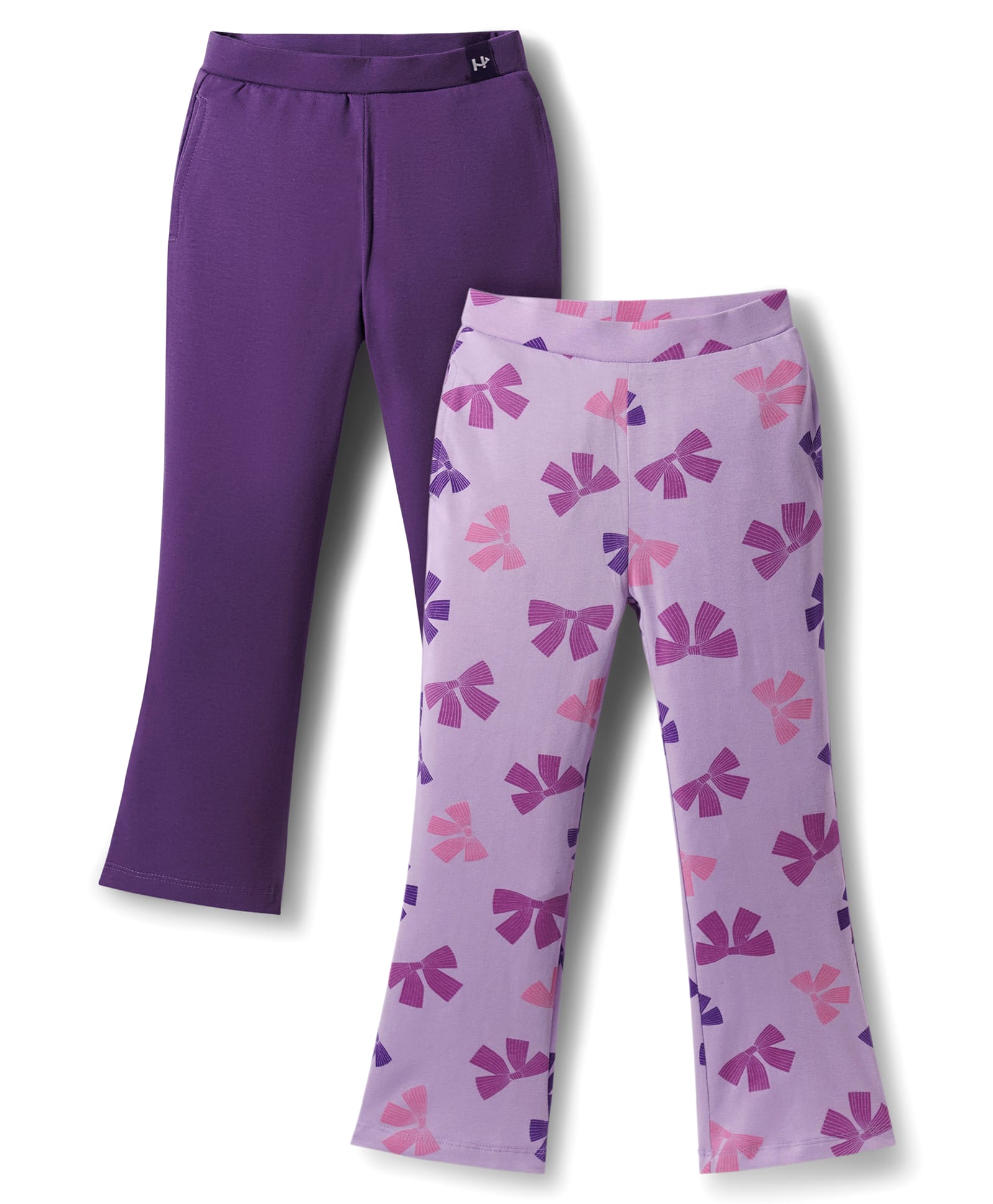 Honeyhap Premium Cotton Elastane Knit Full Length Flared Leggings with Bio Finish & Bow Print Pack of 2 - Heliotrope & Lilac Breeze-image-40