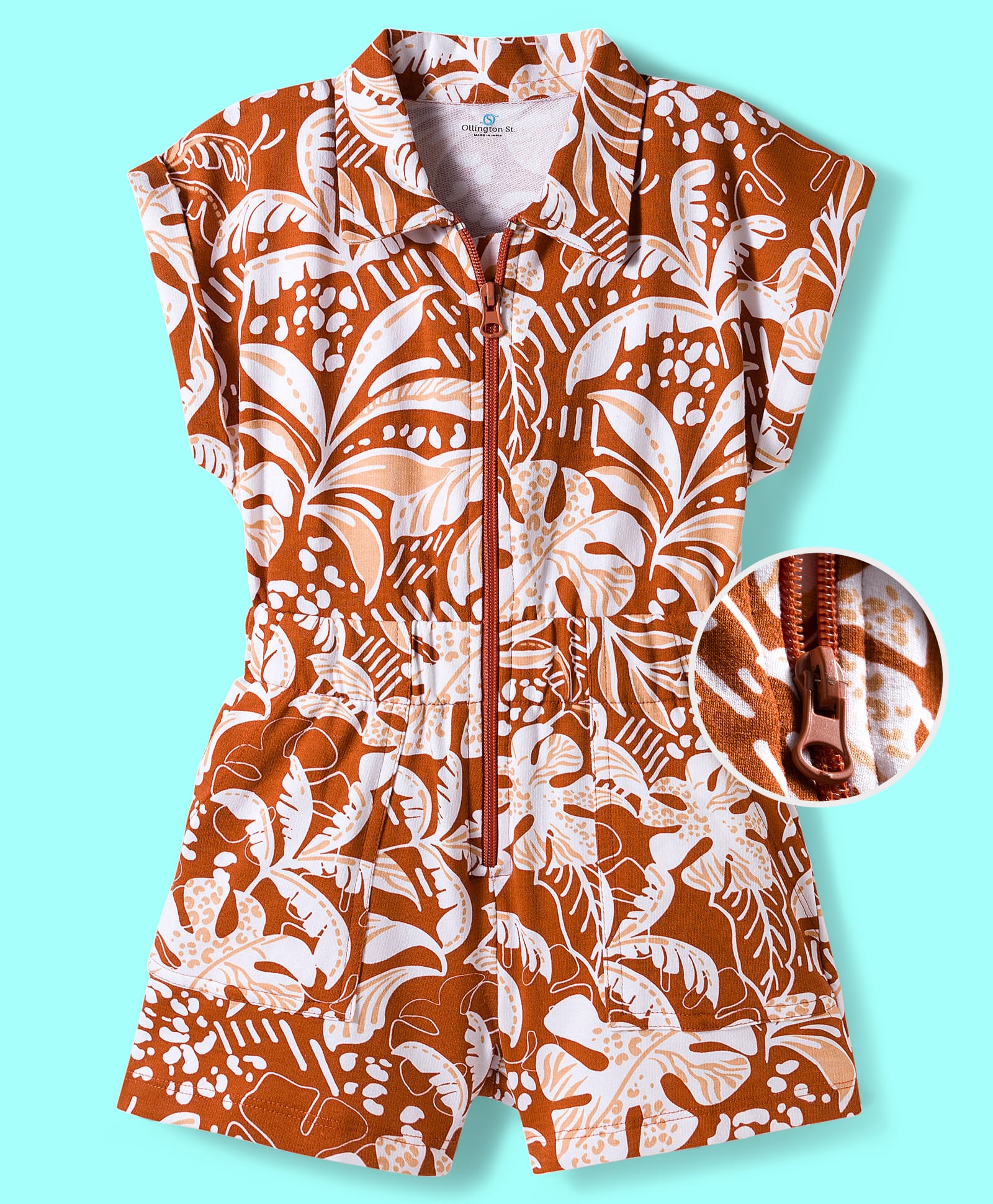 OLLINGTON ST. Cotton Knit Printed Half Sleeves Jumpsuit - Brown-picture-15