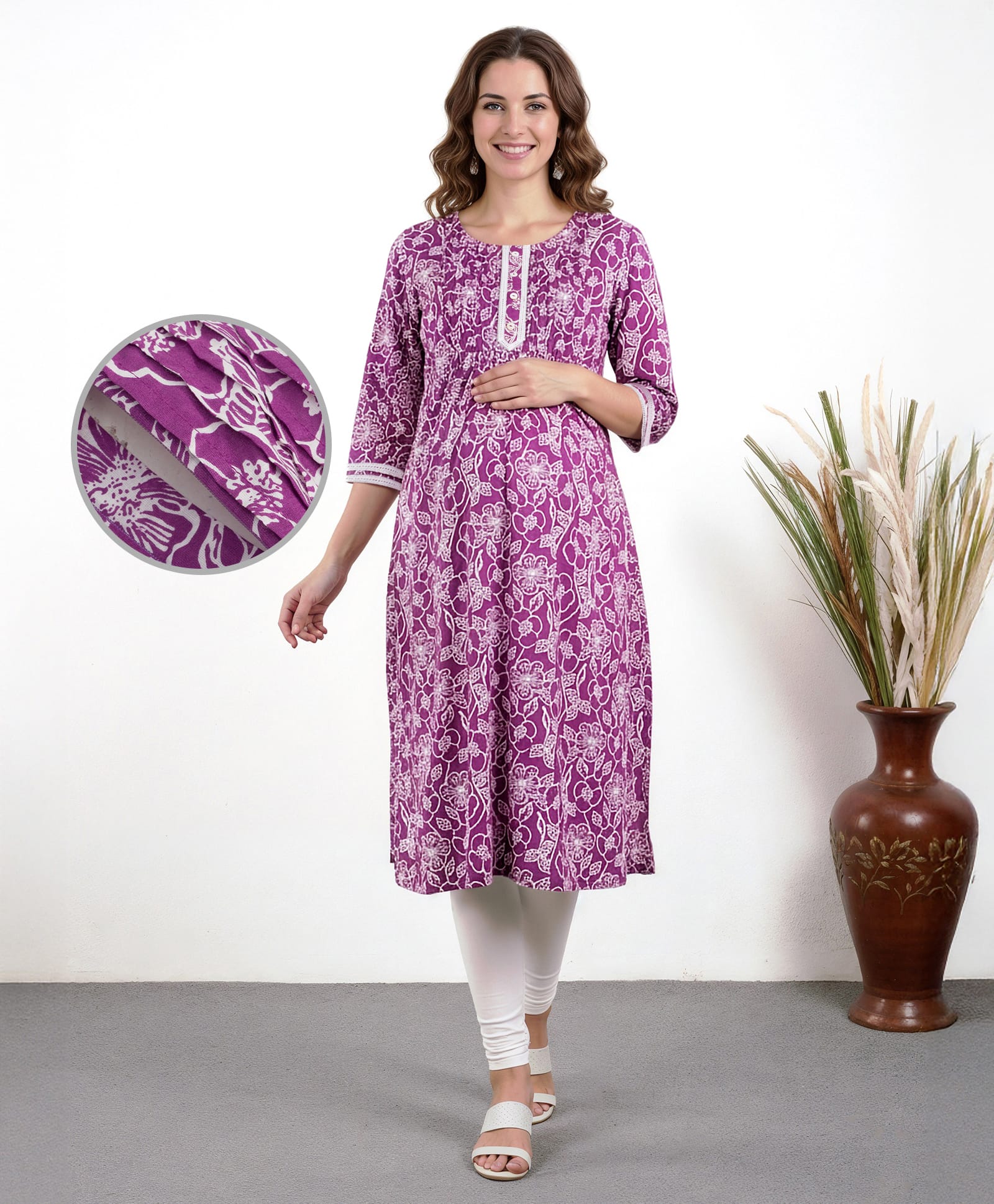 Bella Mama Woven Three Fourth Sleeves Floral Printed Front Pintuck Maternity Kurta - Lilac-image-18