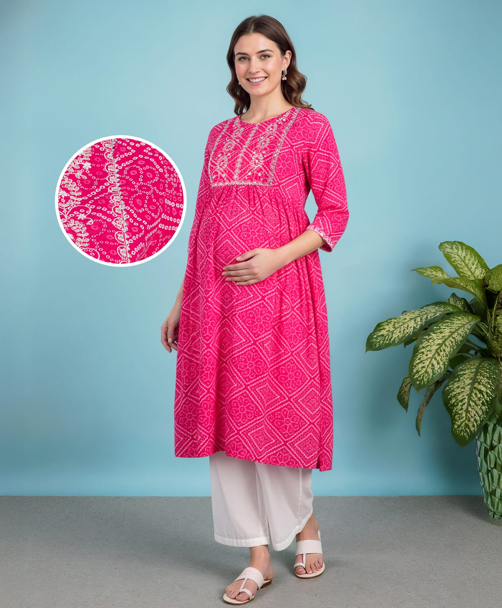 Bella Mama Woven Three Fourth Sleeves Maternity Suit Set With Floral Print & Embroidery on Yoke - Dark Pink