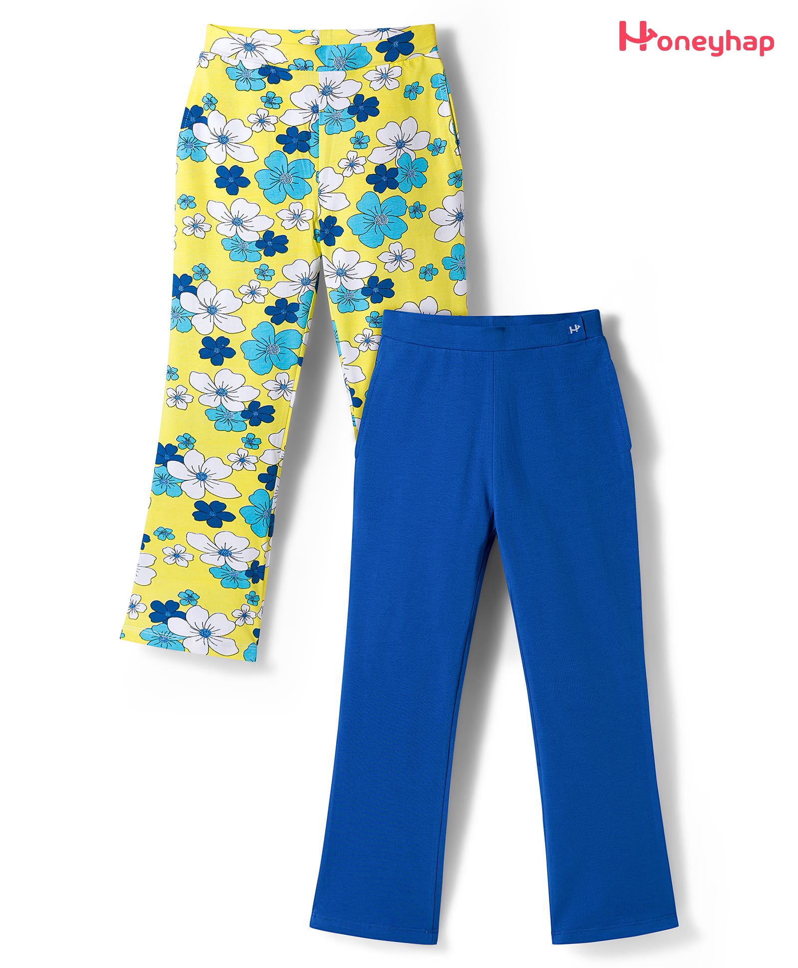 Honeyhap Premium Cotton Elastane Knit With Bio Finish Full Length Solid & Floral Printed Leggings Pack of 2 - Mykonos Blue & Bright White-picture-27