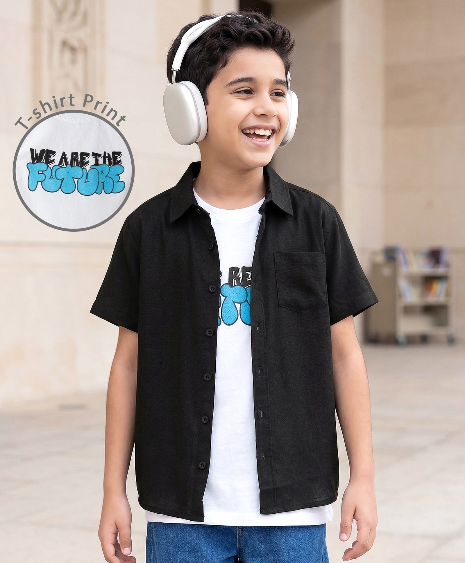 Pine Kids Viscose Woven Half Sleeves Solid Shirt with Inner Tee - Black-image-38